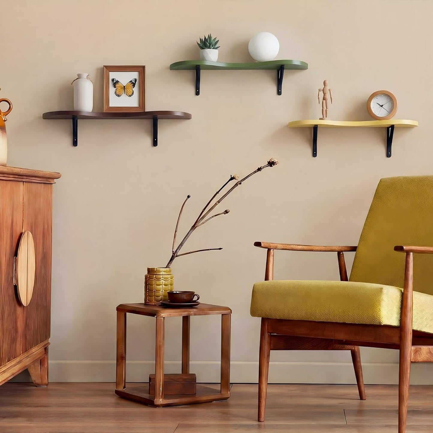 Mid Century Floating Shelves Wavy Cloud Shelves Wooden Shelf Live Edge Wall Mount / Retro / Set of 3