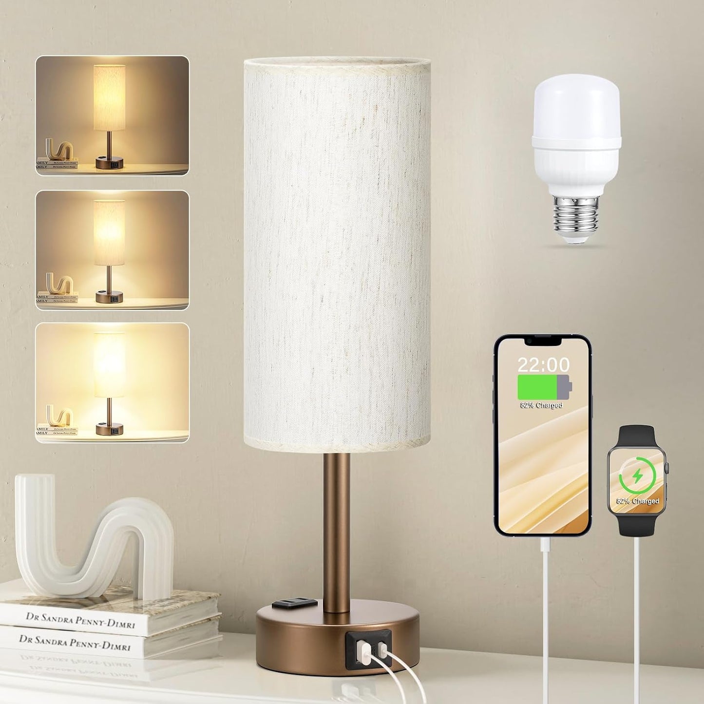 Fenmzee Brown Bedside Lamp for Bedroom, Dimmable Touch, USB A+C, AC Outlet