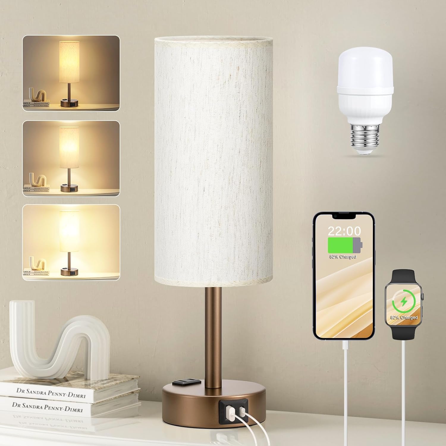 Fenmzee Brown Bedside Lamp for Bedroom, Dimmable Touch, USB A+C, AC Outlet