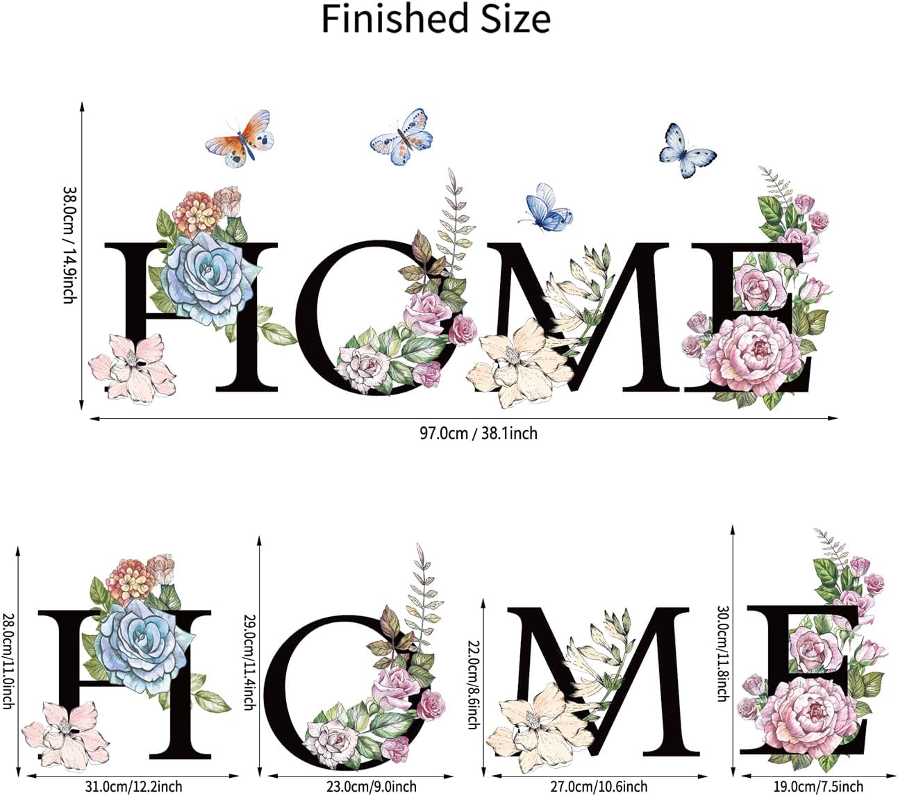 Home Flower Wall Sticker Colorful Floral Butterfly Wall Decal Peel and Stick Word Quotes / Black