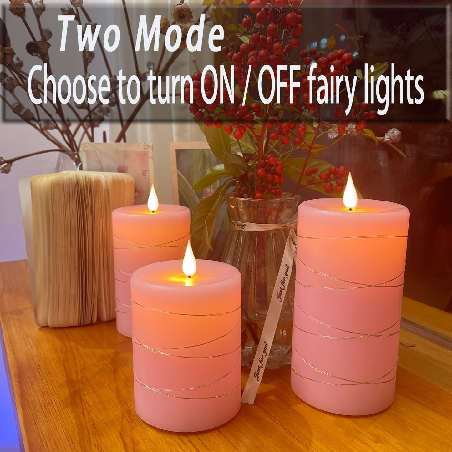 Pink Flameless Candles with String Lights Battery Operated Flickering LED Pillar Candles 4‘’ 5‘’ 6‘’ Candle with Remote