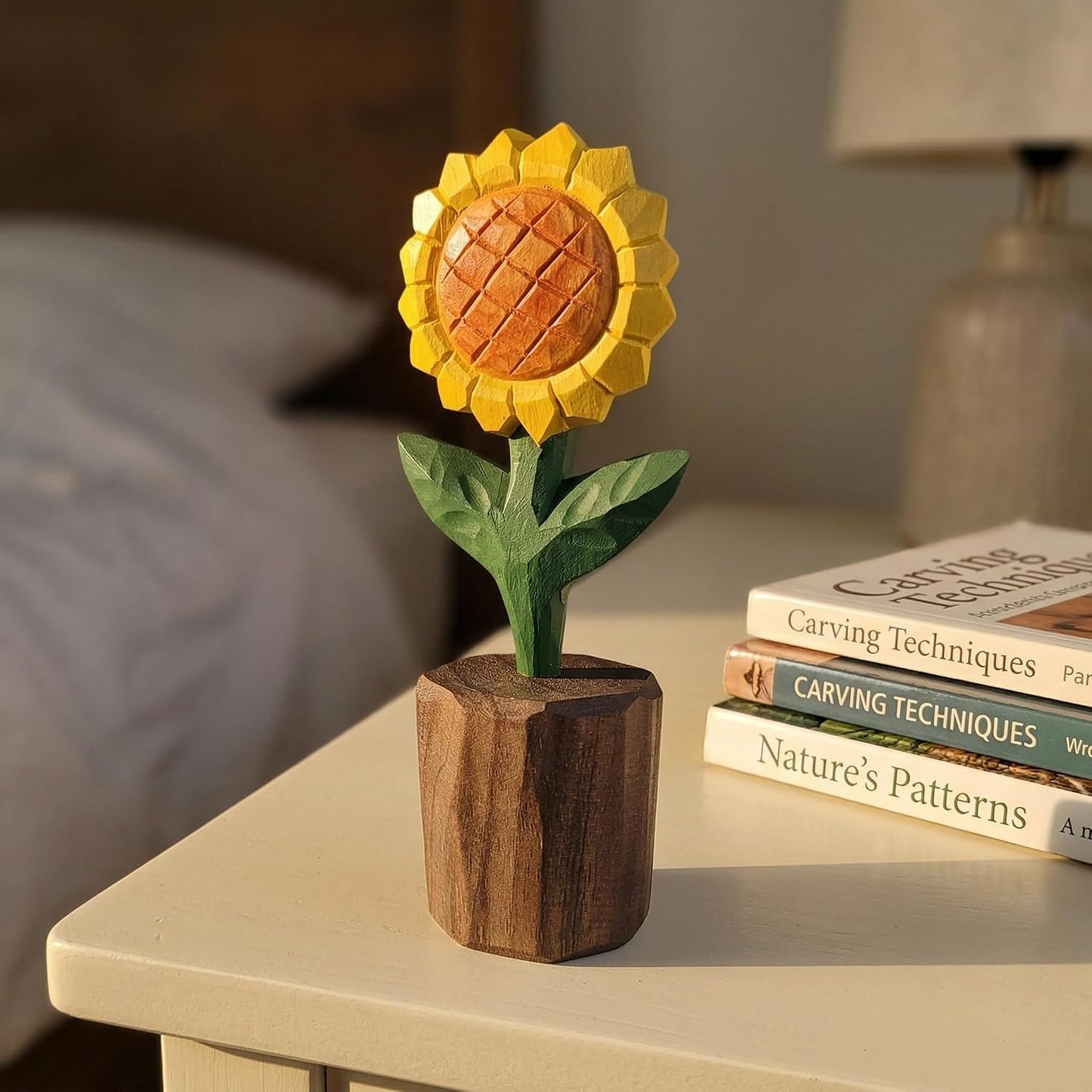 Hand-Carved Wooden Sunflower Figurine / Yellow Sunflower