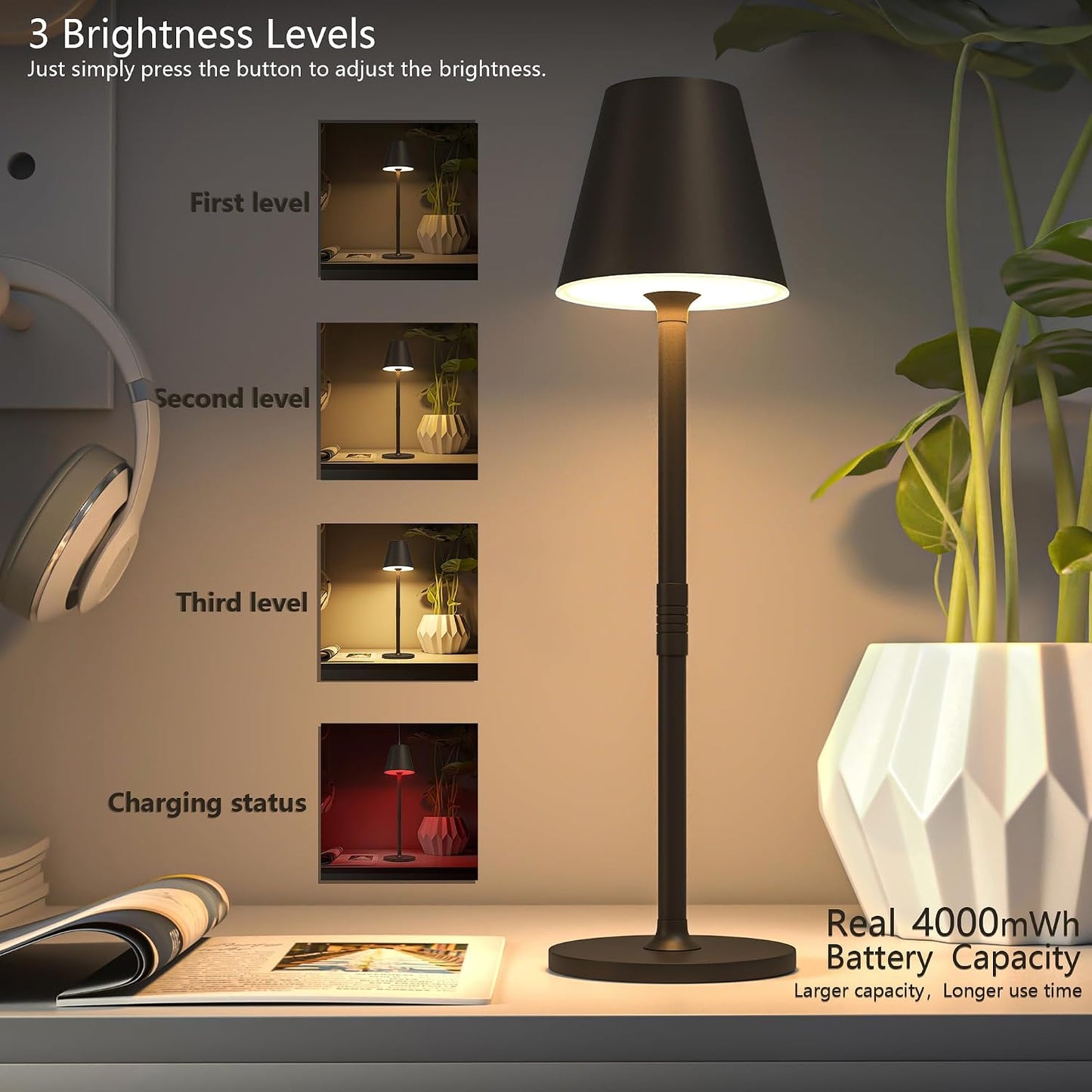 Timjorman Modern LED Cordless Table Lamp, 4000mAh Rechargeable Battery, 3 Level Brightness Night Light, Metal Shell