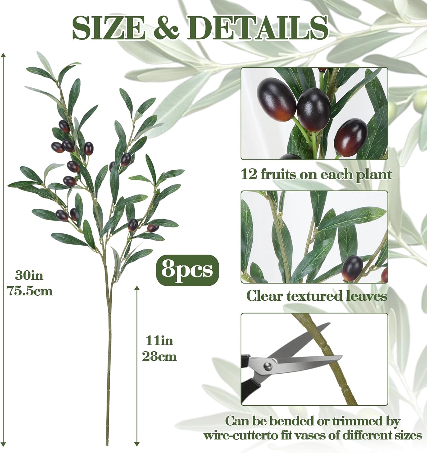 30" Faux Silk Leaves Fake Olive Tree Branches / Olive Branches / Set of 8
