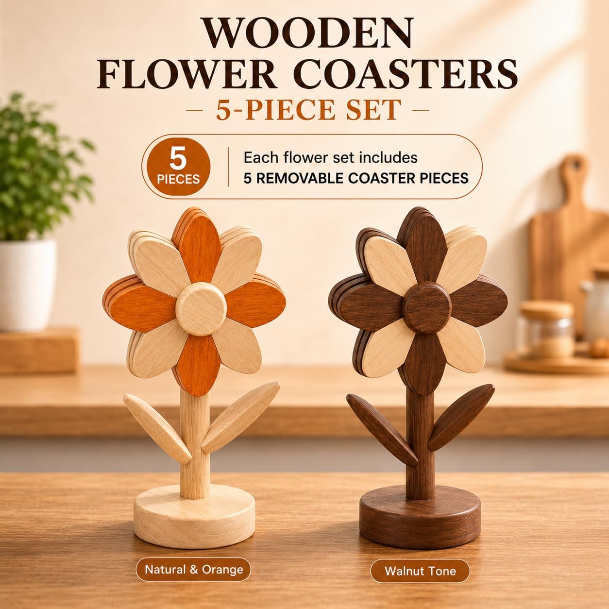5-Piece Wooden Flower Trivets for Hot Pots and Pans / Walnut & Beech Wood