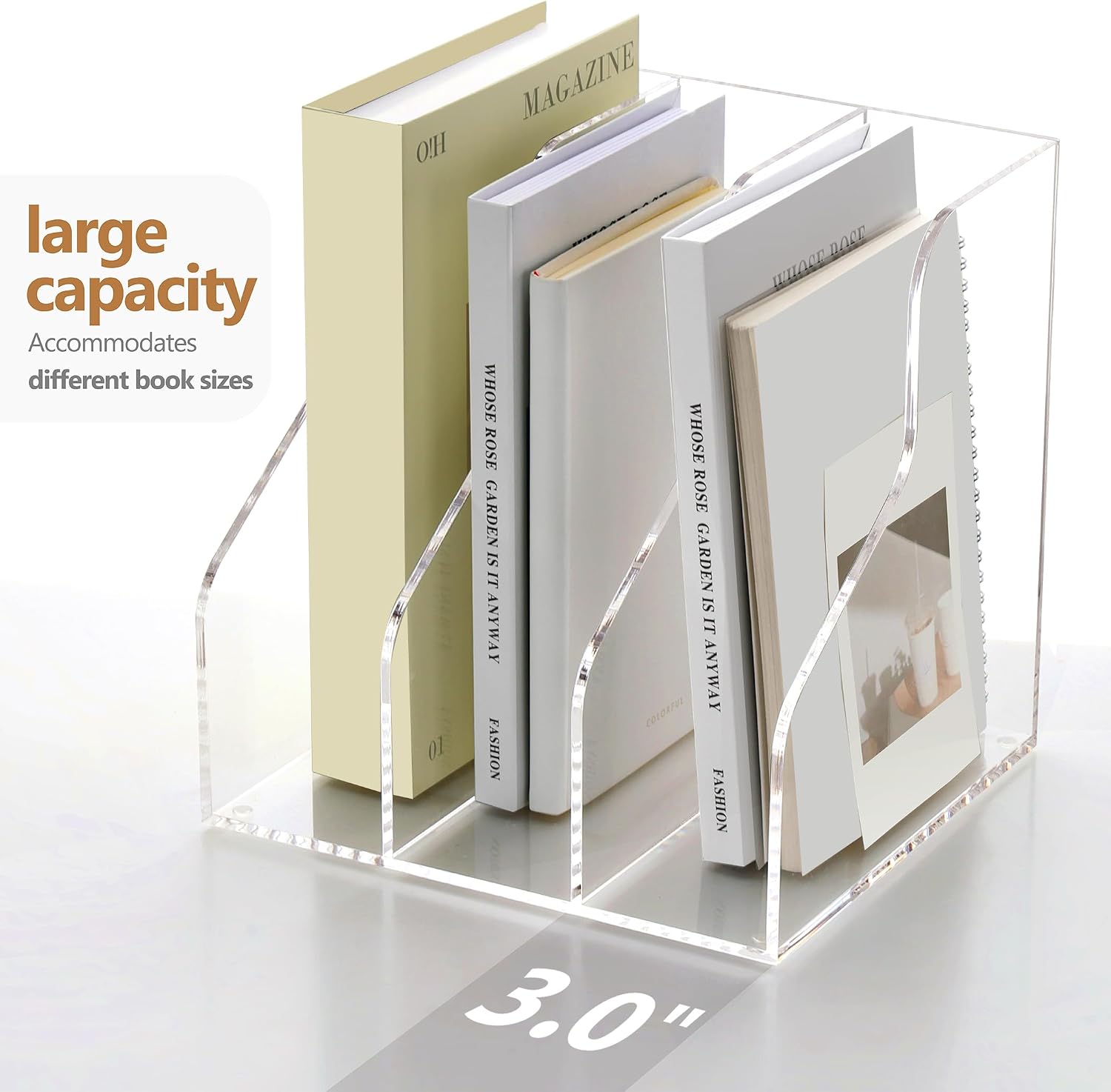 SANRUI 3 Slots Acrylic Magazine Holder, Desktop File Sorter Organizer Rack Bookshelf, Workspace Sorters Office Desk