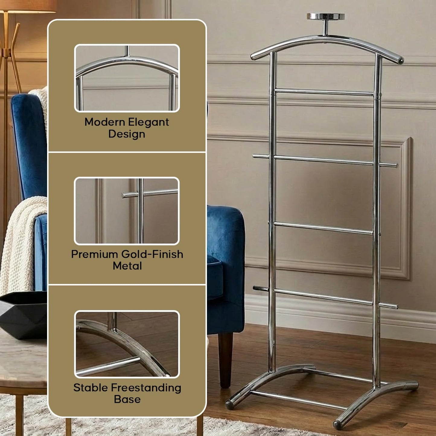 Kings Brand Freestanding Metal Suit Valet Stand with Tie Bar, Chrome | Complete Clothing Organizer with Hanger, Trouser