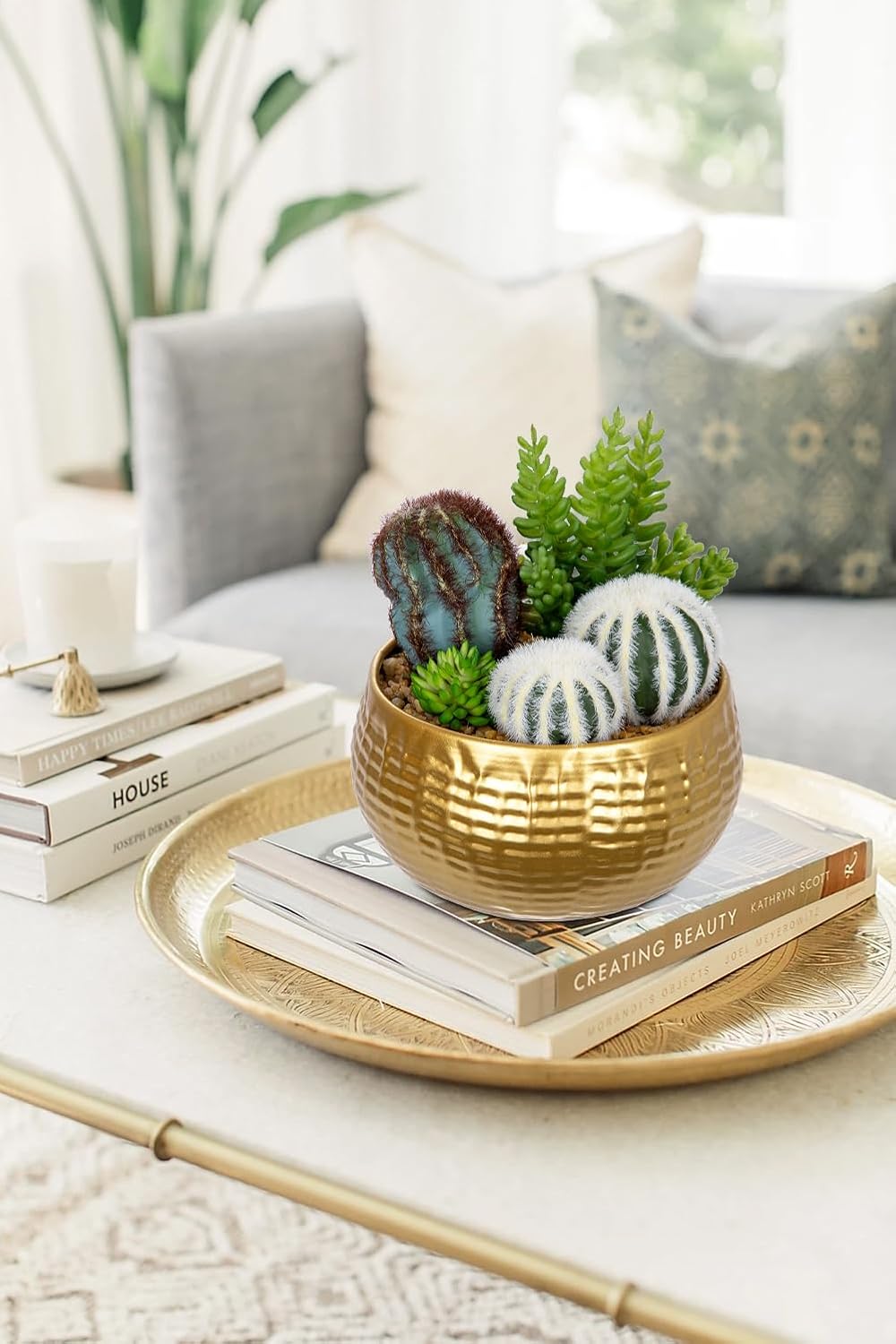 Artificial Cactus Plants Indoor / Gree & White& Gold Pot