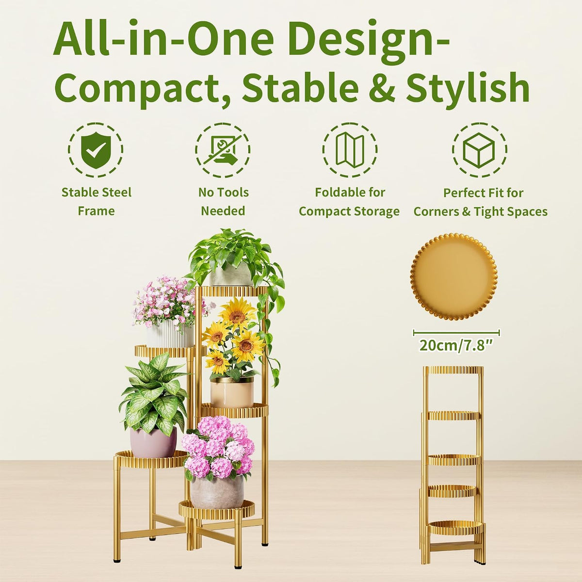 5 Tier Large Plant Stand Indoor, 7.9 Inch Wide Tall Corner Metal Plant Stands Outdoor for Multiple Plants, Foldable