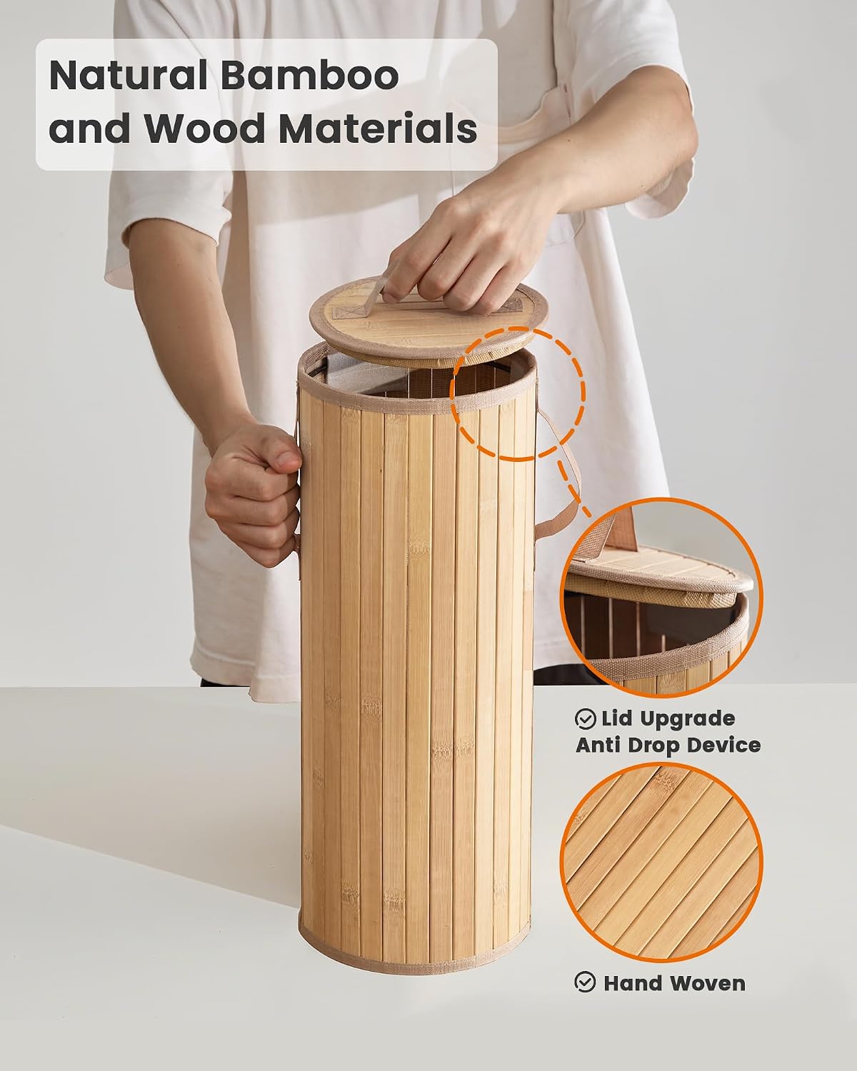 Bamboo Toilet Paper Storage Basket with Lid & Handle - 10L Handwoven Bathroom Organizer for 4 Rolls - Sturdy Stand