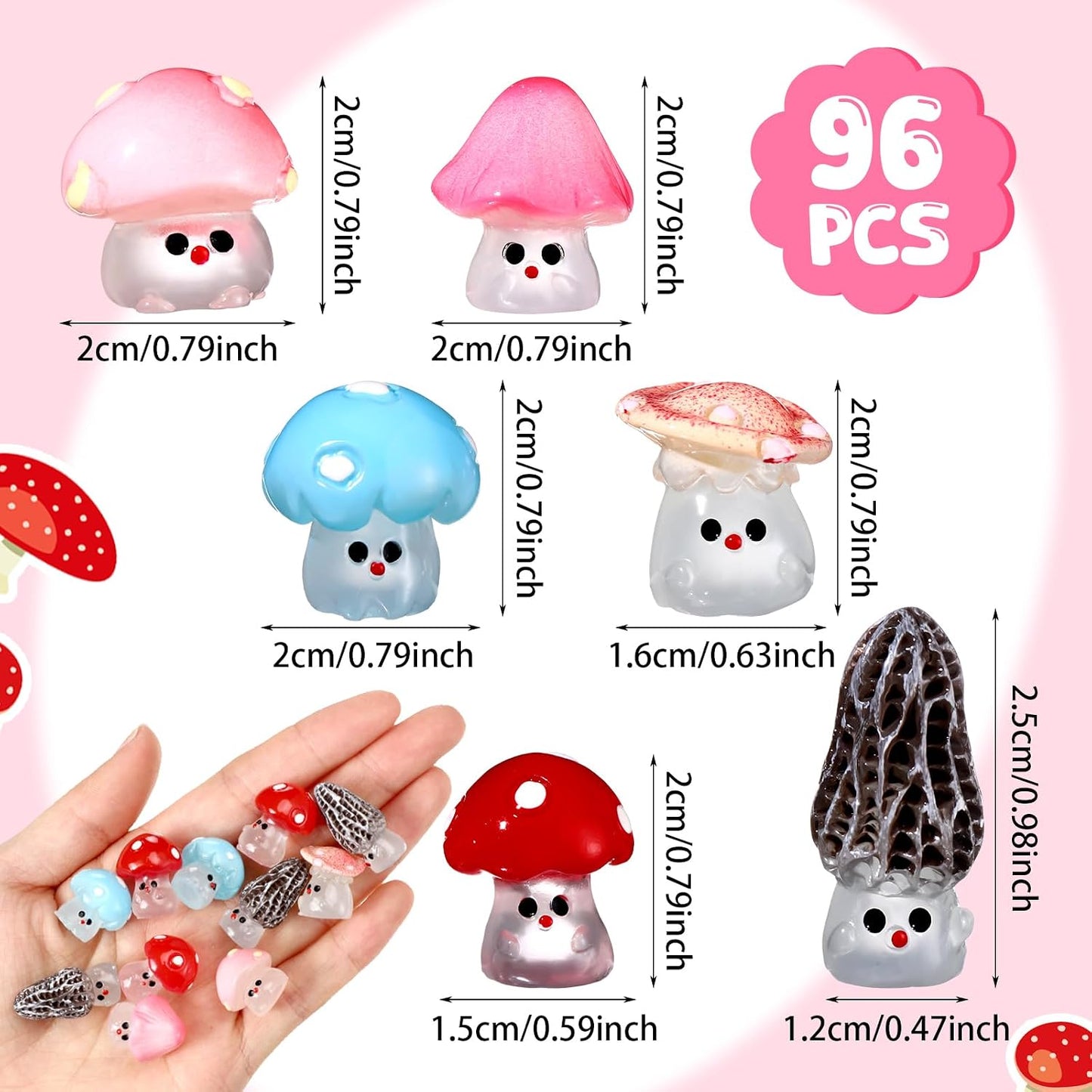96 Luminous Glow in The Dark Mini Mushrooms Bulk Tiny Resin Mushroom Figurines Miniature / Vivd
