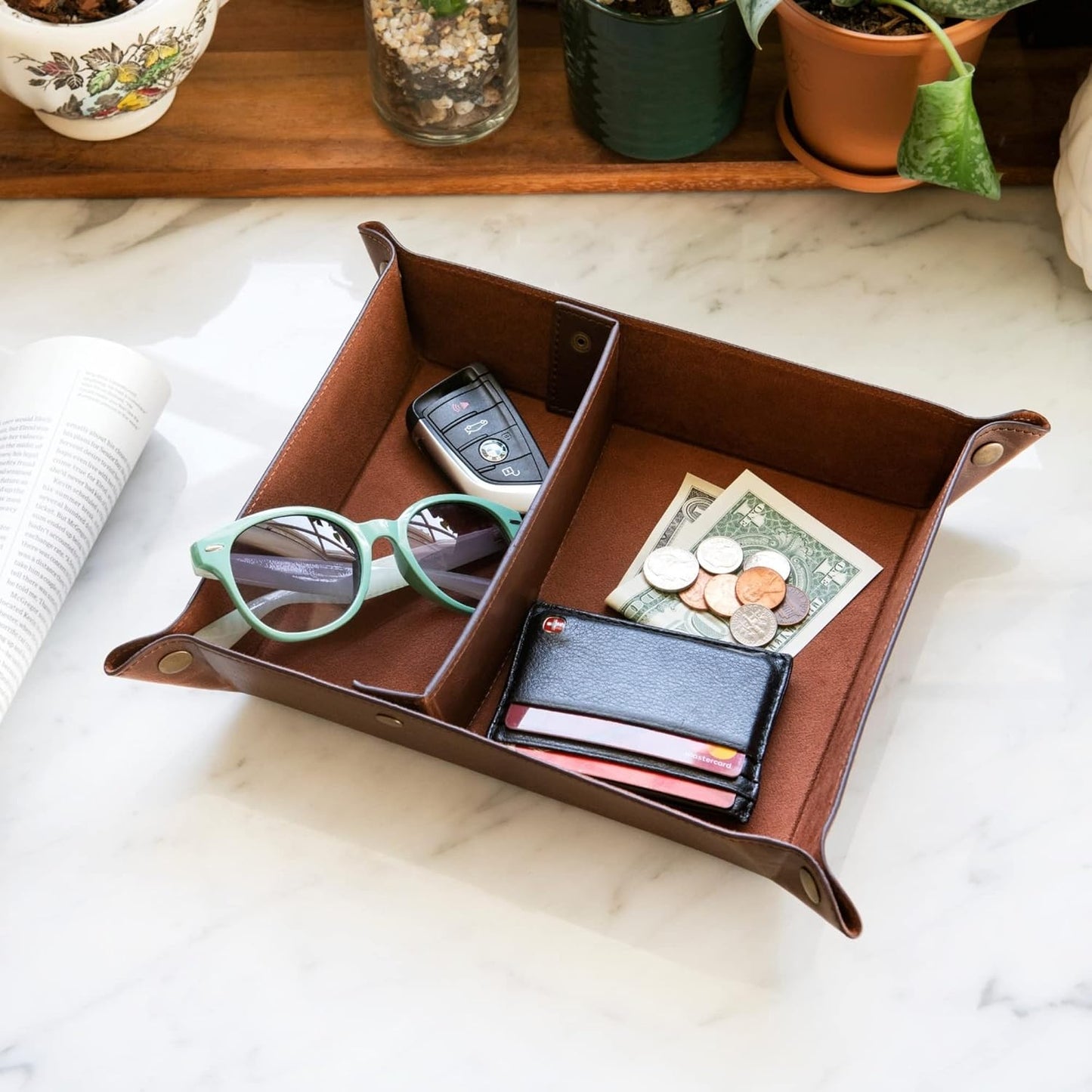 Londo PU Vegan Leather Valet Tray for Men — Catchall EDC for Keys, Wallet, Watch, AirPods — Nightstand & Entryway Tray