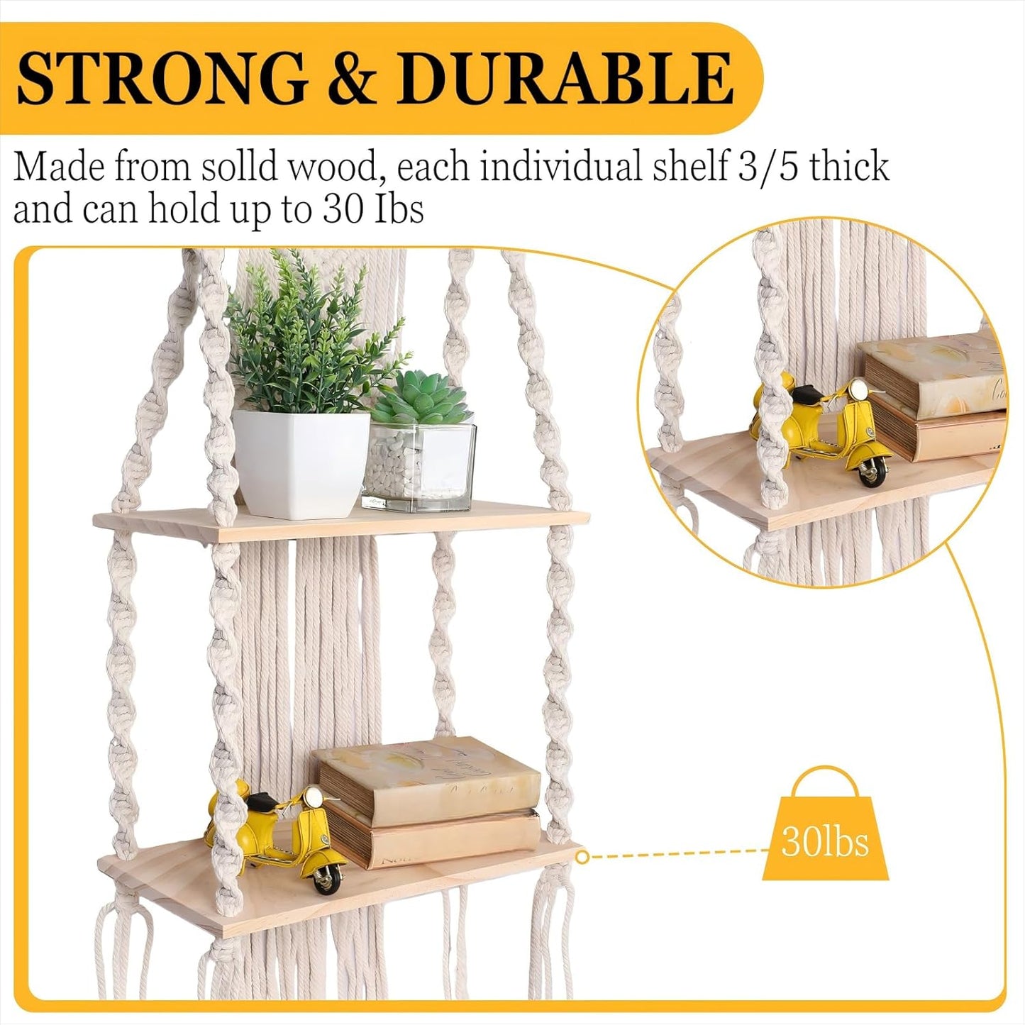 Macrame Wall Hanging Shelf 2 Tier Handmade Boho Hanging Wall Shelf Floating Woven Rope / Classic