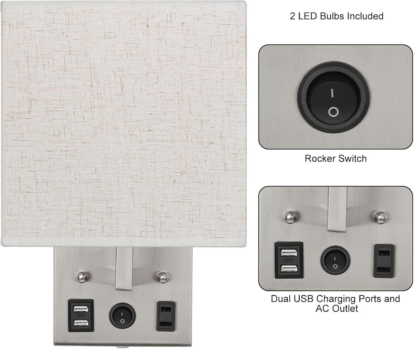 YBING Bedside Wall Lamp Plug in Cord Set of 2, Plug in Wall Sconce Nightstand Wall Lights with Dual USB Ports and AC