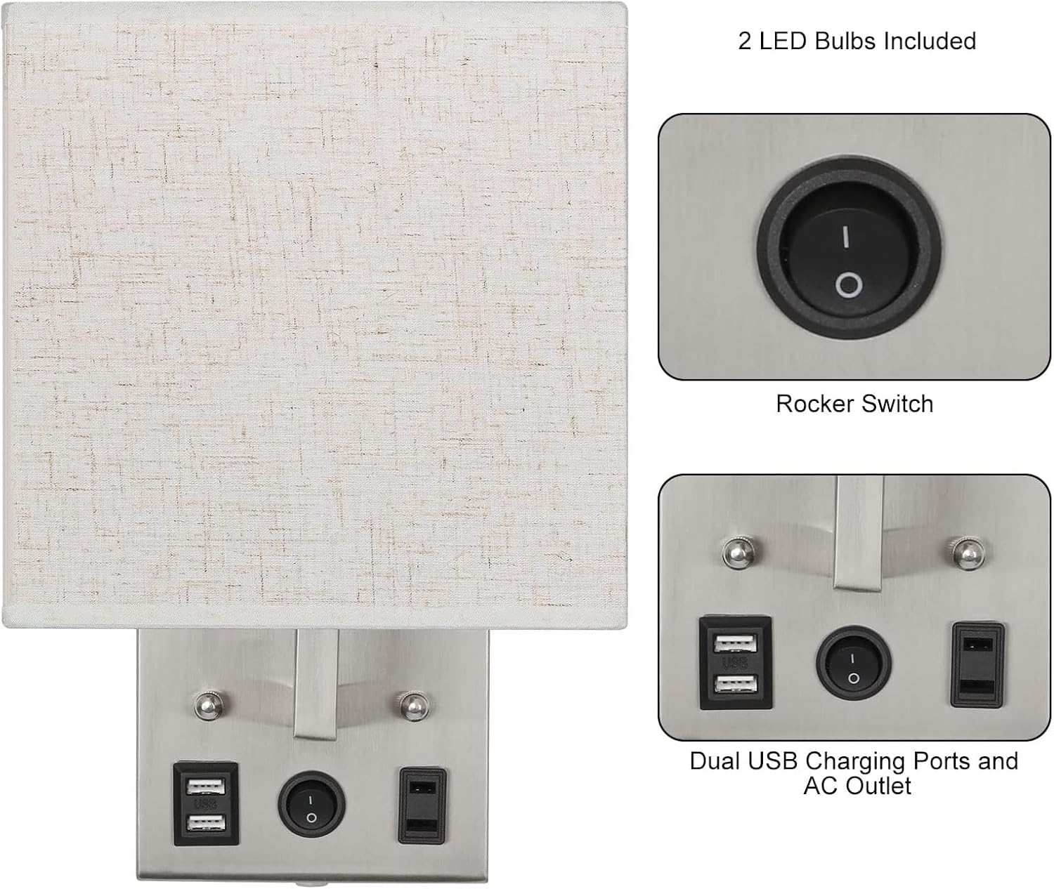 YBING Bedside Wall Lamp Plug in Cord Set of 2, Plug in Wall Sconce Nightstand Wall Lights with Dual USB Ports and AC