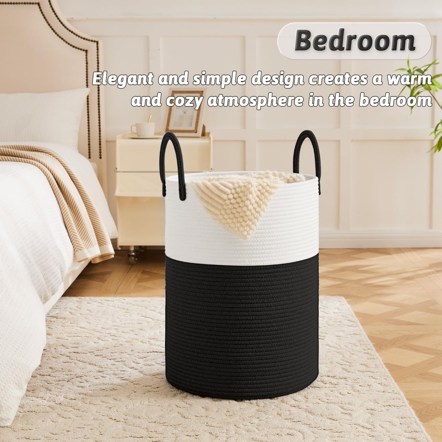 Laundry Basket / Woven Cotton Rope Laundry Hamper / Black / 60L