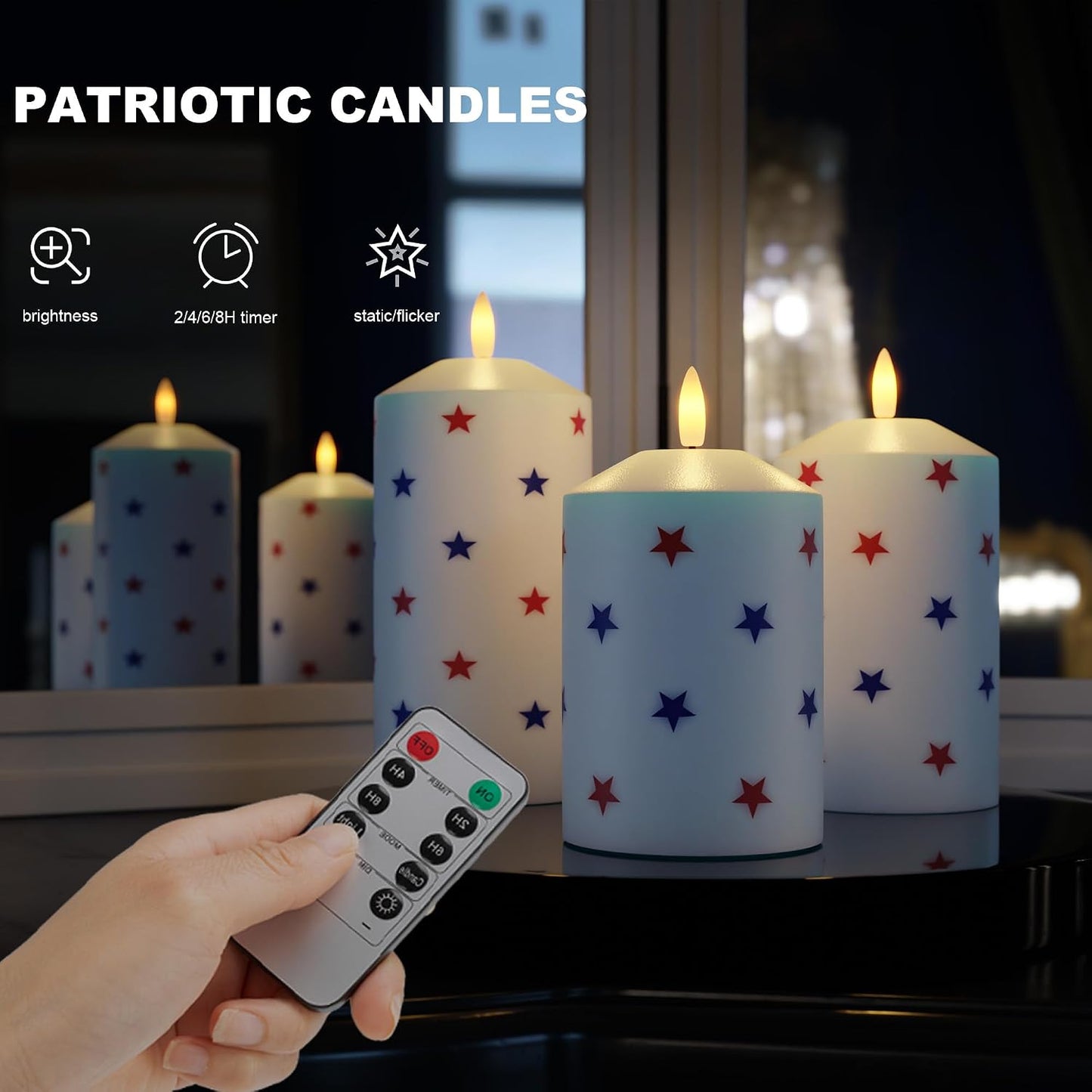 Patriotic Red White & Blue Star Candles, 4th of July LED Candles | Real Wax, Flickering Flameless Pillar Candles with