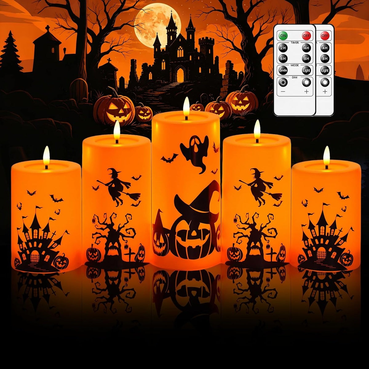 kakoya 5 Pack Halloween Flameless LED Pillar Candles, Orange Plastic Battery Operated Candles with 2 Remote Timer, Castle Pumpkin Witch Pattern for Halloween Spooky Decor