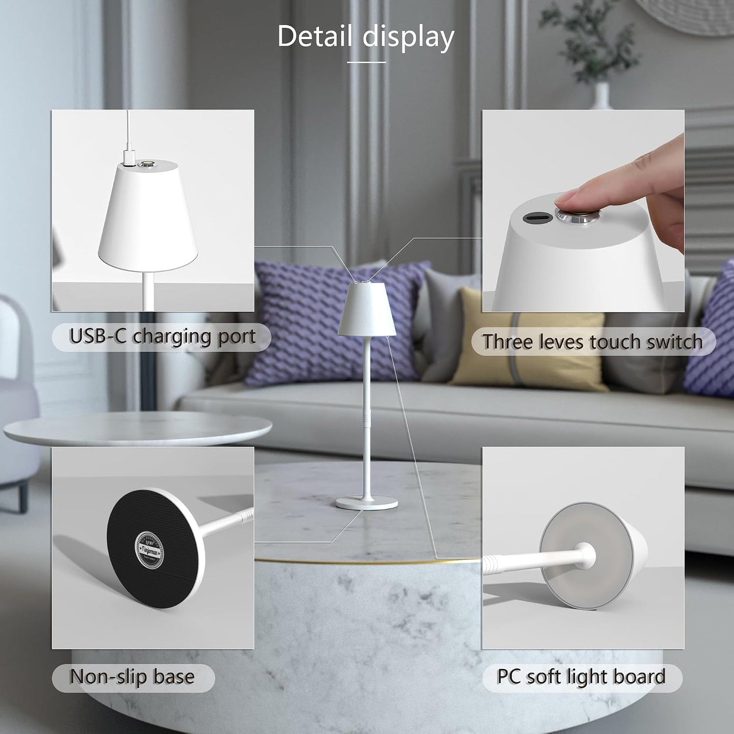 Timjorman 4-Pack Cordless Table Lamps - 5000mAh Rechargeable Battery Operated Desk Lamp, 3-Level Dimmable LED Night