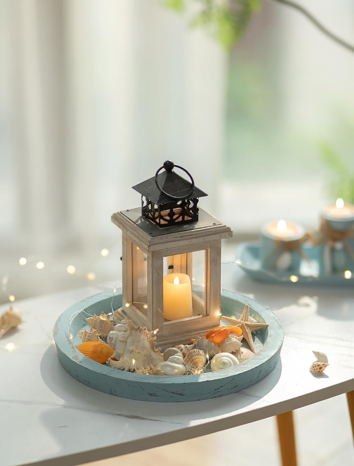 Round Wood Decorative Candle Plate / Ocean Blue