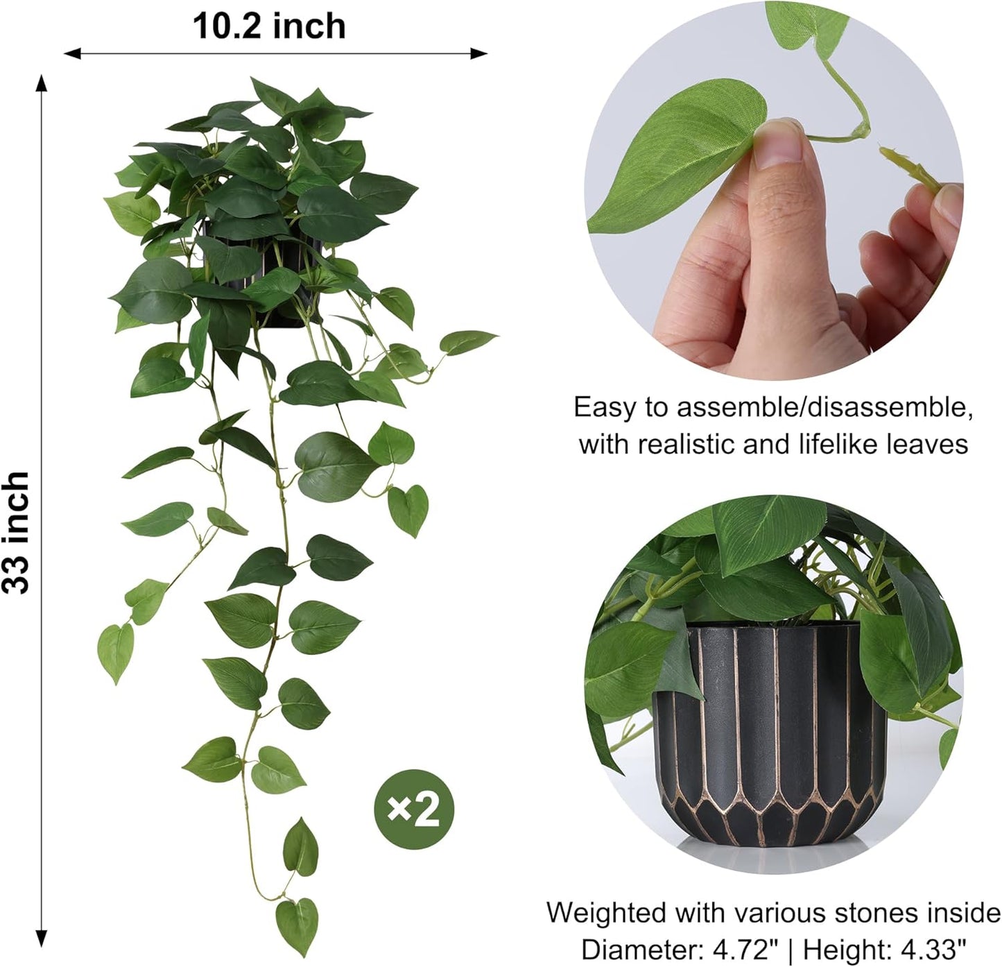 Fake Plants Faux Pothos Plants Potted Indoor Artificial Hanging / Green Pothos Potted / Set of 2