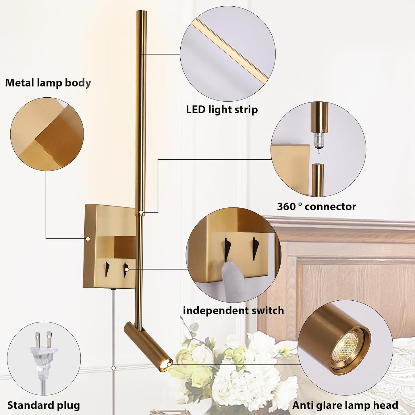 Modern Plug in Wall Sconce Indoor Ambient Lighting for Bedroom, Gold LED Wall Mounted Reading Lamp with Switch, Corded