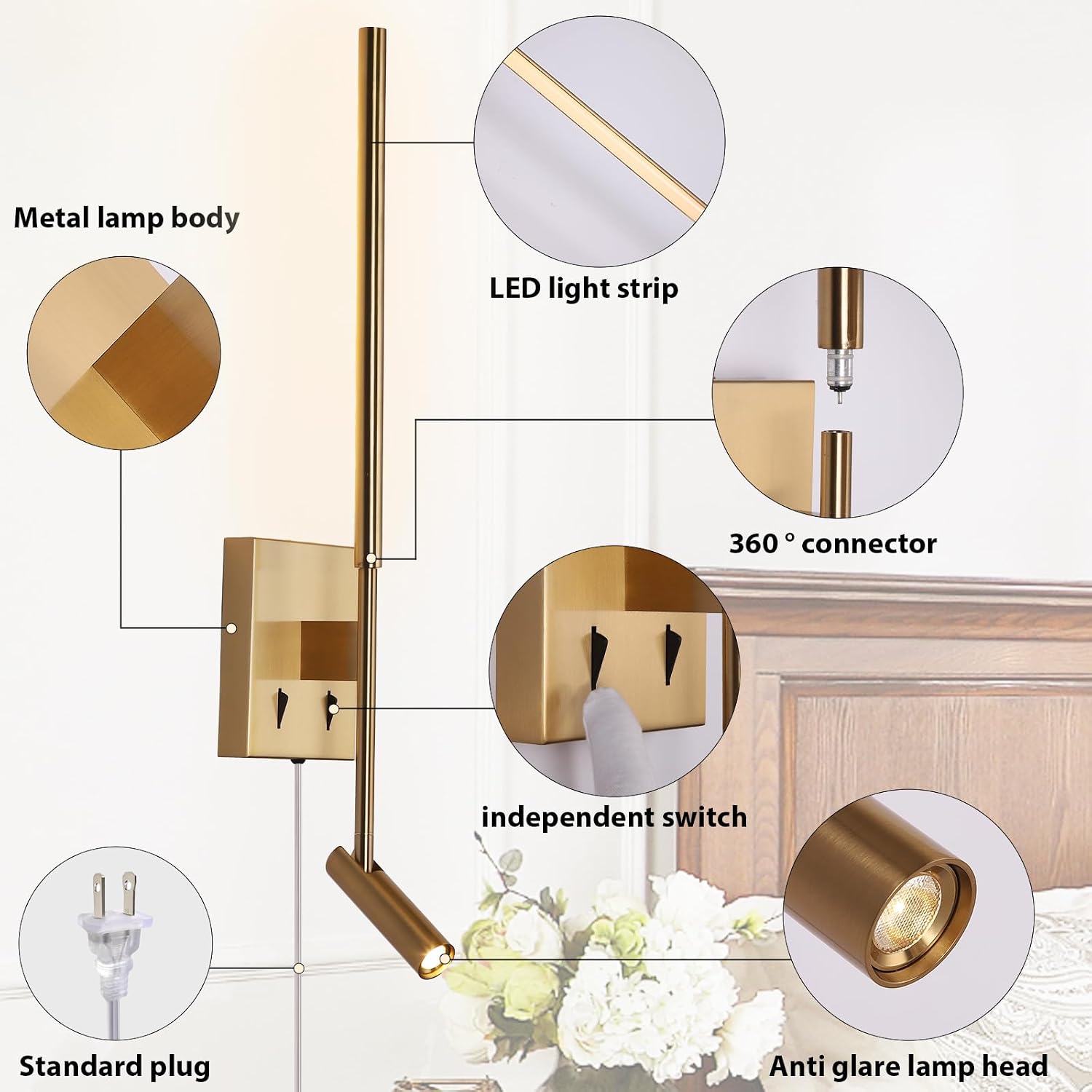 Modern Plug in Wall Sconce Indoor Ambient Lighting for Bedroom, Gold LED Wall Mounted Reading Lamp with Switch, Corded
