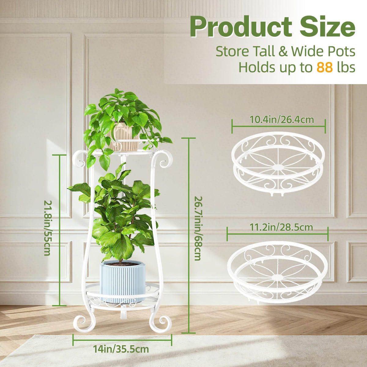 iDavosic.ly 2 Tier Tall Metal Plant Stand Outdoor Indoor, 27 Inch, White | Corner Flower Pot Holder Shelf, Wrought Iron