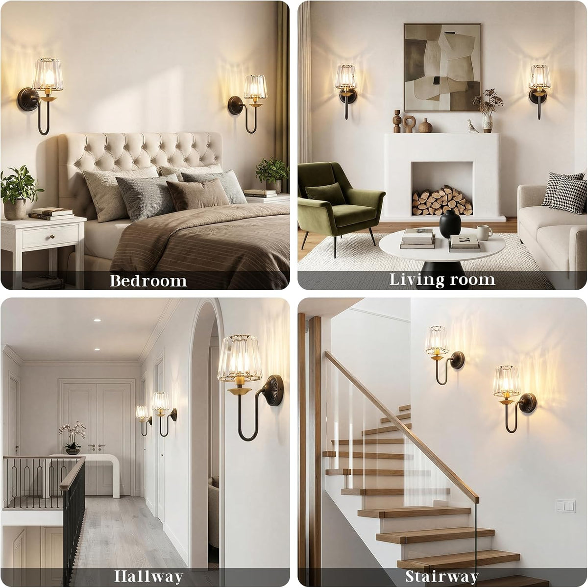 Black and Gold Battery Operated Wall Sconces Set of Two, Crystal Wireless Rechargeable Wall Lights with Remote