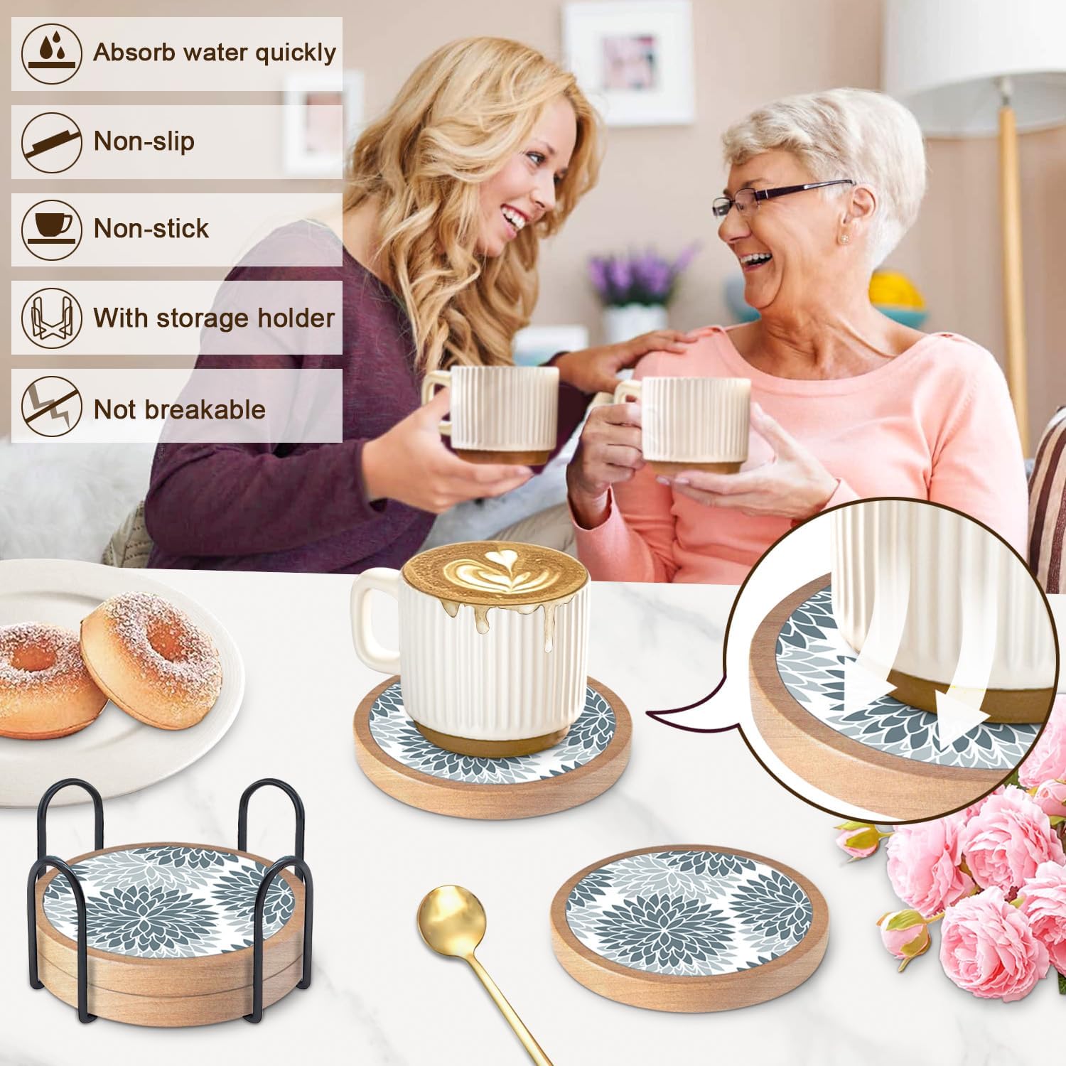 Holder / Cup Mat for Drinks / 4 Grey Dahlia / Set of 4