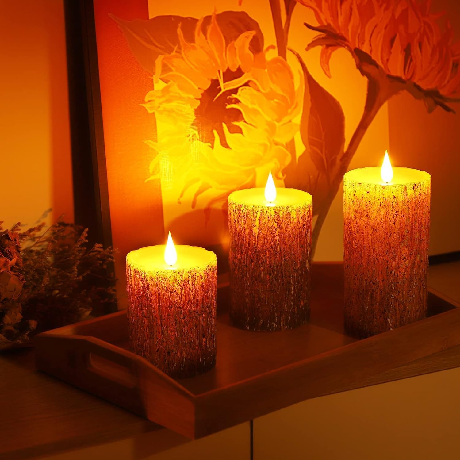 AKU TONPA Pine Bark Effect Flameless Candles Battery Operated Pillar Real Wax Flickering Electric LED Candle Sets with