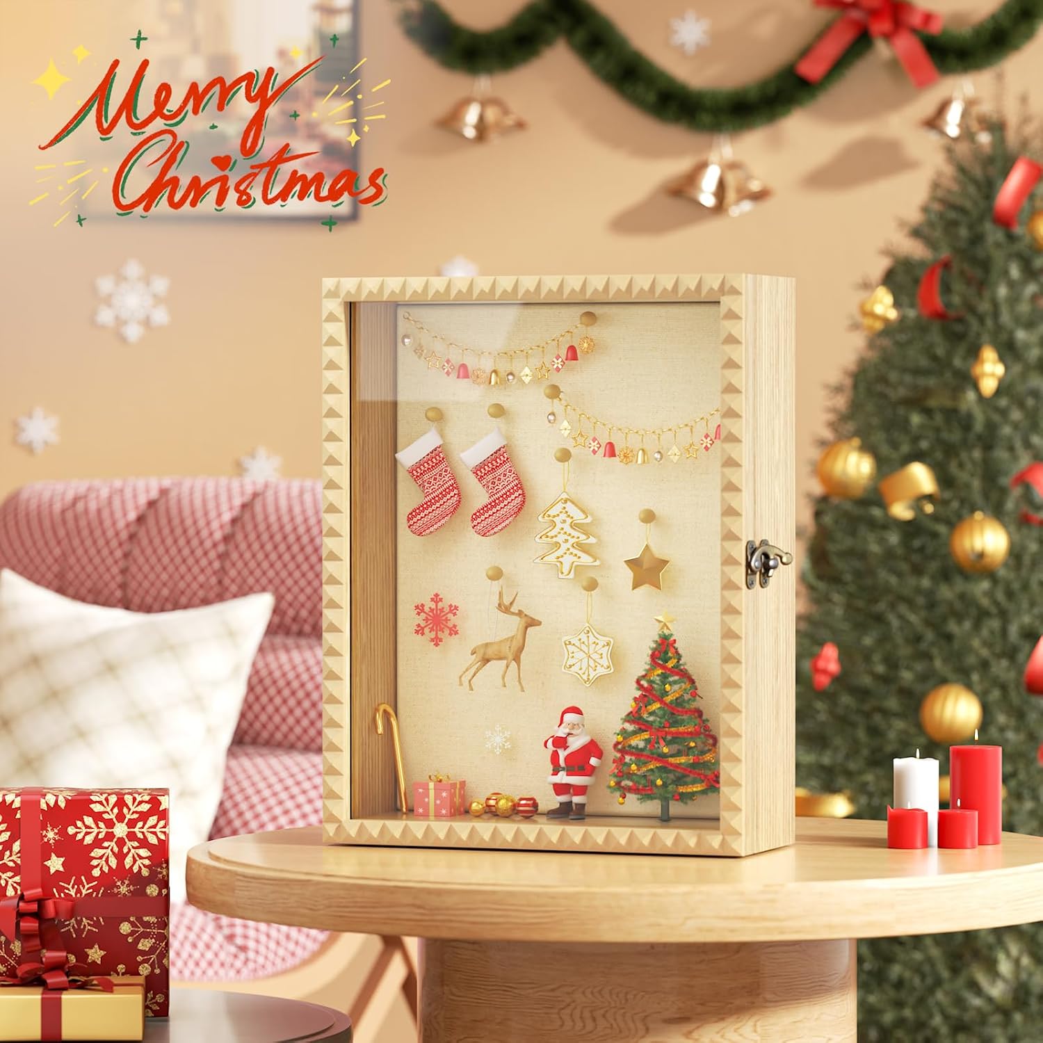 SZQINJI Shadow Box Frame 11x14 Deep Diamond Shape Display Cases, Natural | Wood Memory Box, Front-Opening Glass Door