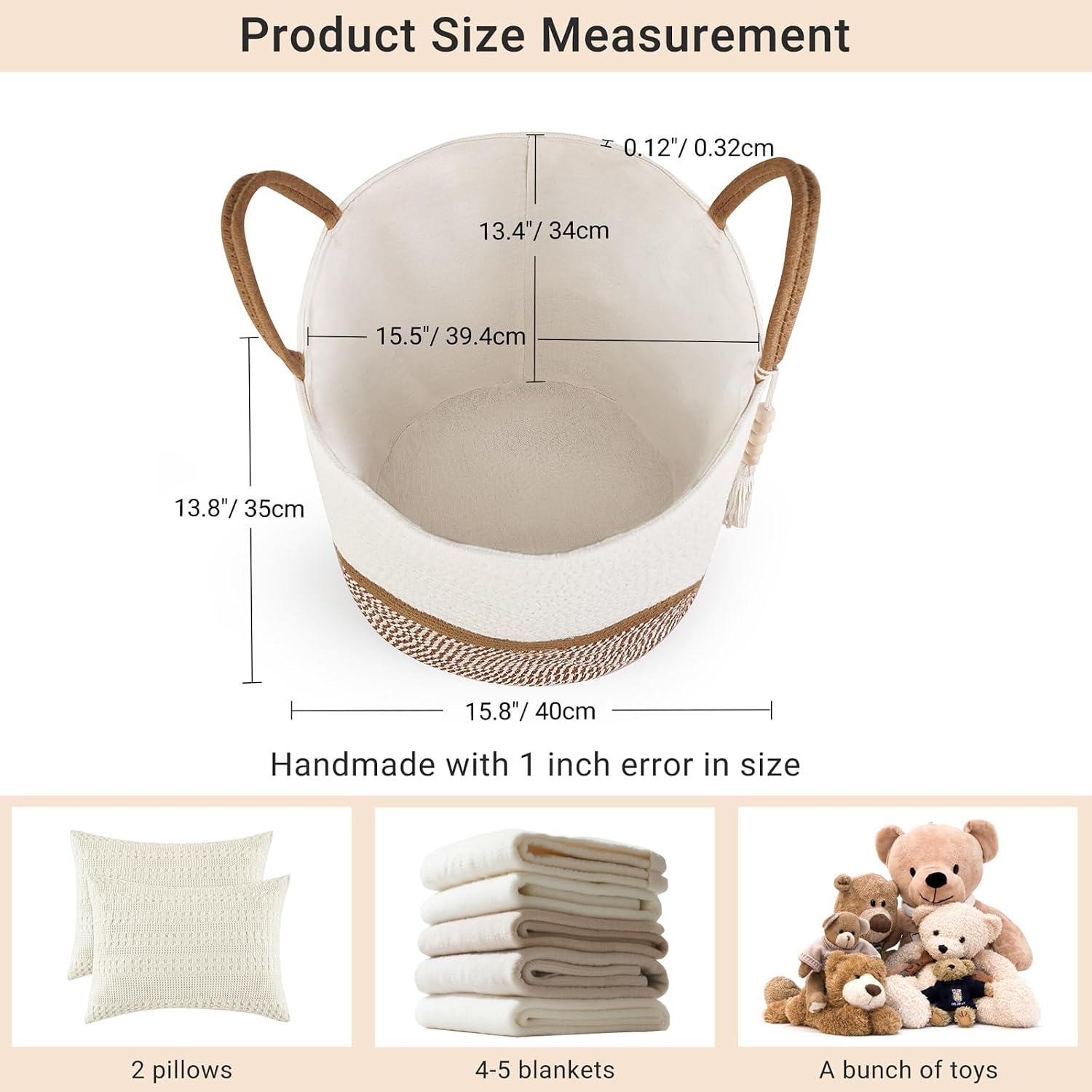 Woven Storage Basket Decorative Natural Rope Basket Wooden Bead / White and Brown / 16" W x 13.8"L