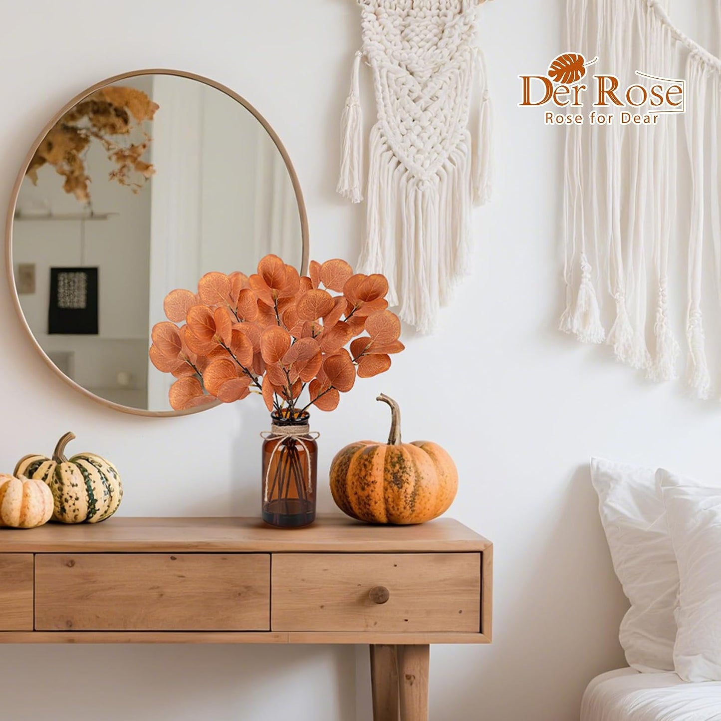 13.5" Fake Plants for Fall Bathroom Decor Autumn Artificial Eucalyptus Stems in Glass Vase / Amber