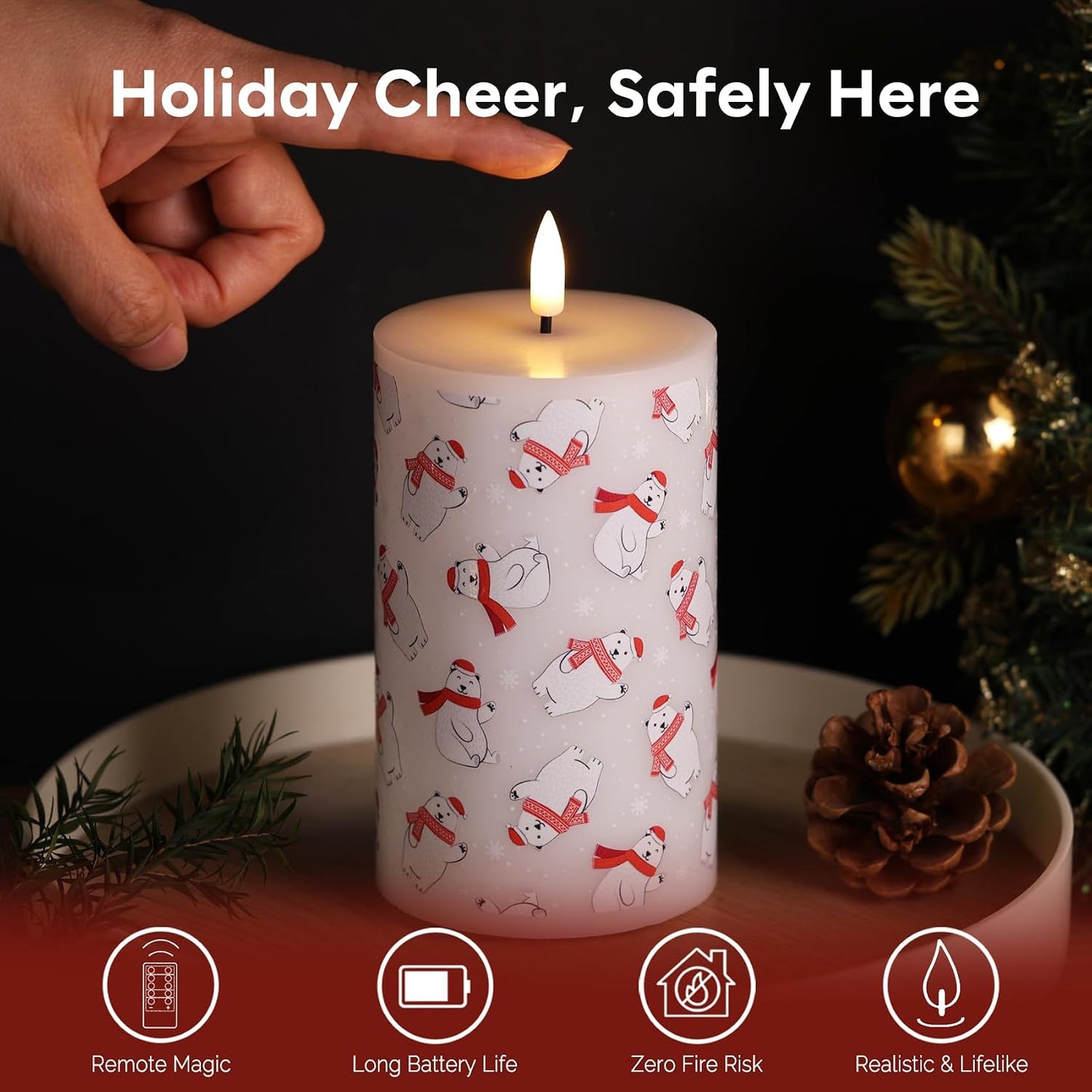 Bear Winter Christmas LED Pillar Candles with Remote Set of 3 | Flickering Flameless Wax Candles, Flat Top, 2 AA
