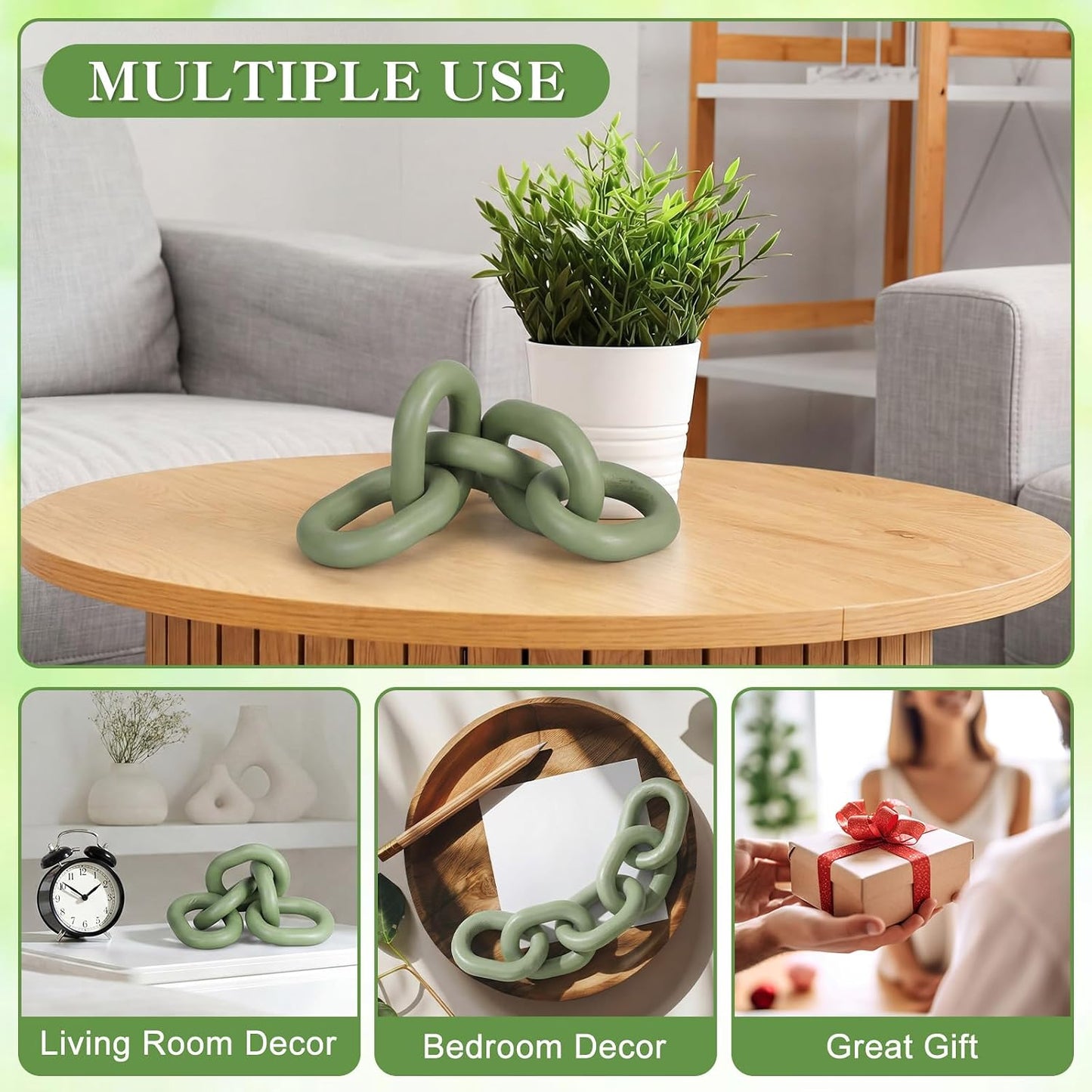 Decorative Wood Chain Link Decor Rustic 5 Link Wooden Chain Ornament Farmhouse / Green / 13.78 Inch