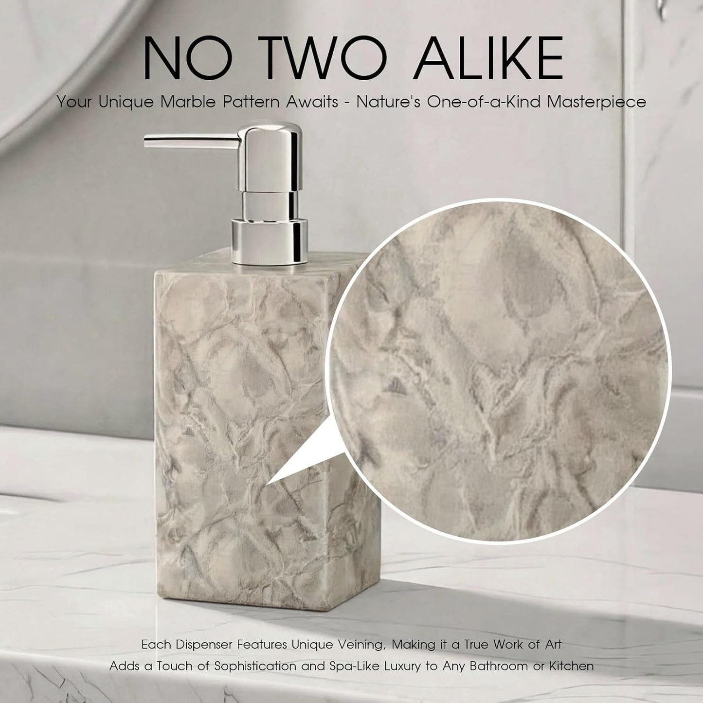 2 Set Real Natural Marble Soap Dispenser with Stainless Steel Pump – Decorative Liquid Hand Soap Bottle for Kitchen &