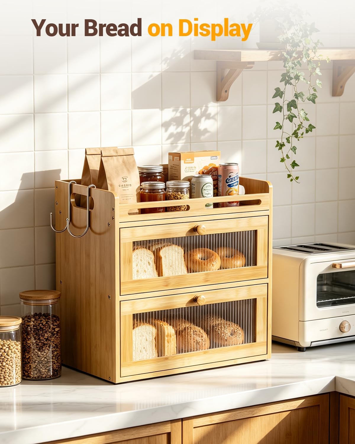 Bread Box for Kitchen Countertop, 2-Tier Bamboo Storage with Top Shelf | Large Capacity Bread Container, 2 Banana