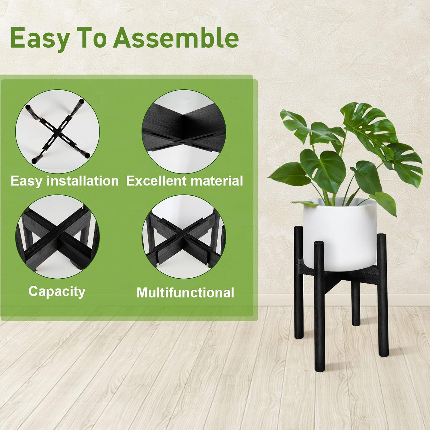 2 Pack Bamboo Plant Stands, Adjustable Plant Stand Indoor | Mid Century Modern Plant Stand, Plant Holder for Living