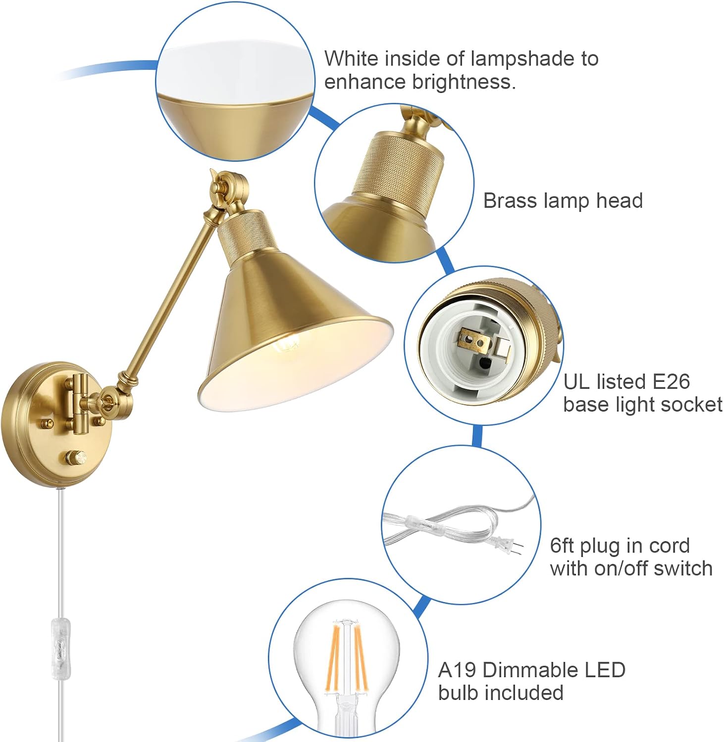 TRLIFE Wall Sconce Plug in, Dimmable Wall Sconce Brushed Brass Swing Arm Wall Lights with Plug in Cord and Dimmer