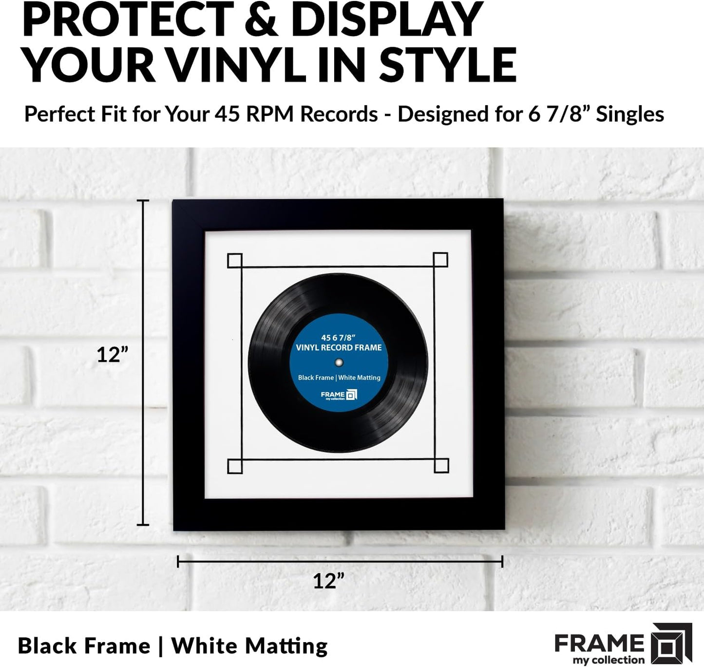 45 RPM Vinyl Record Frame | Wall Mounted Solid Wood Record Display Frame for Single 6 7/8-Inch Vinyl with White Mat