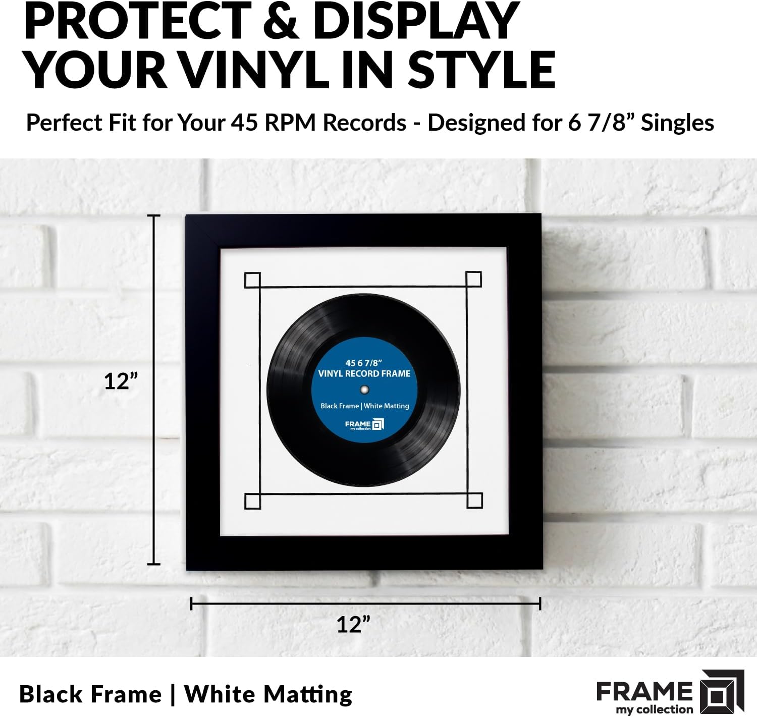 45 RPM Vinyl Record Frame | Wall Mounted Solid Wood Record Display Frame for Single 6 7/8-Inch Vinyl with White Mat