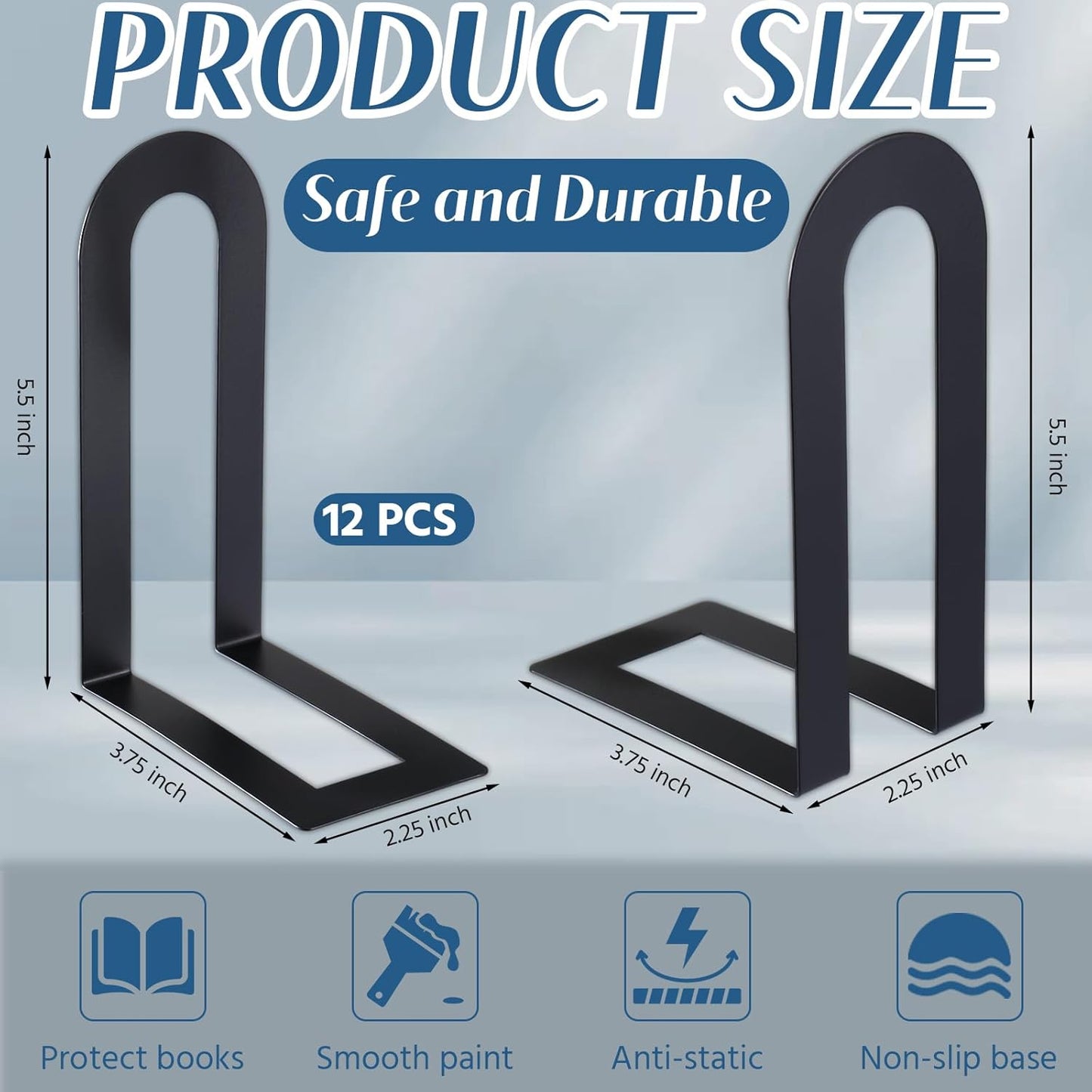 Modern Metal Book Ends / 5.5*3.75*2.25inch / Black / Set of 12
