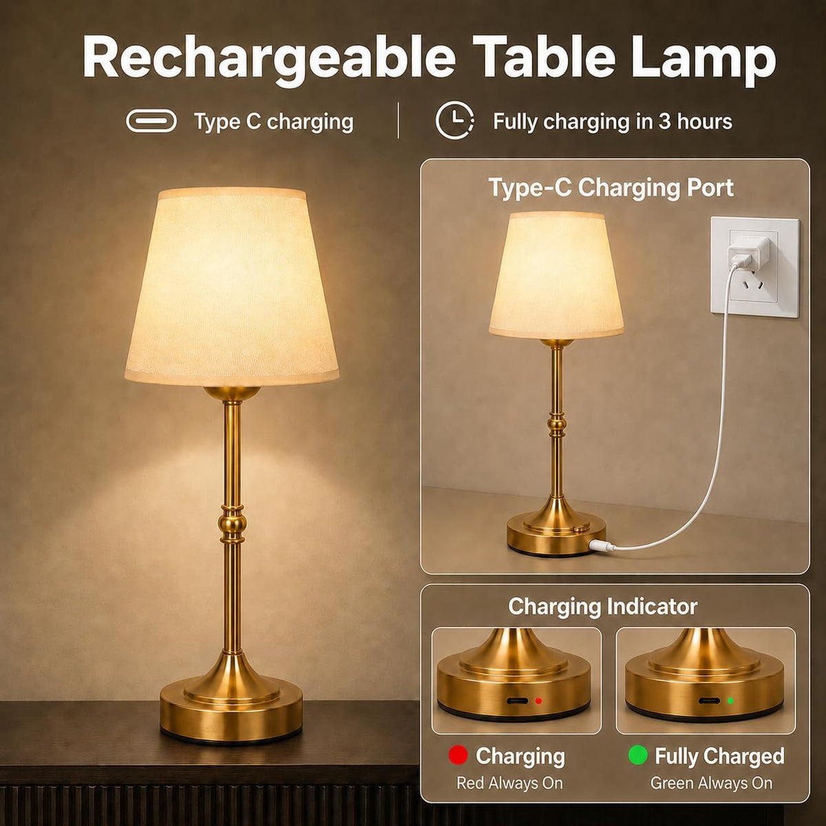 FLY2SKY Rechargeable Gold Cordless Table Lamp,3 Color Dimmable Bedside Lamp | 8H High Runtime,200H+ Low Runtime,LED