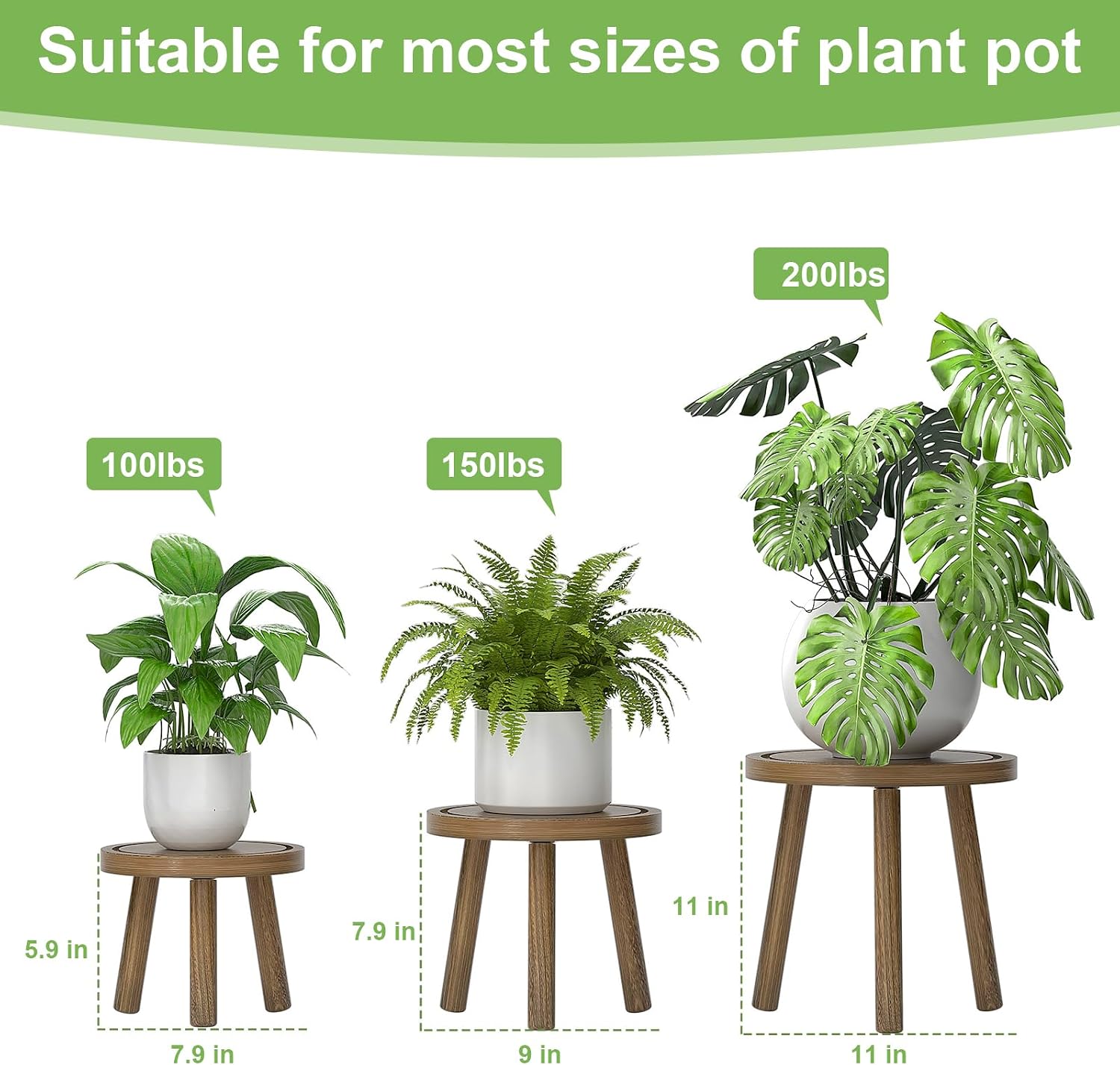 3-Pack Wood Plant Stands Indoor, Single Plant Stand for 6-12 Inch Pots, Mid-Century Modern Plant Stool, Tall Plant
