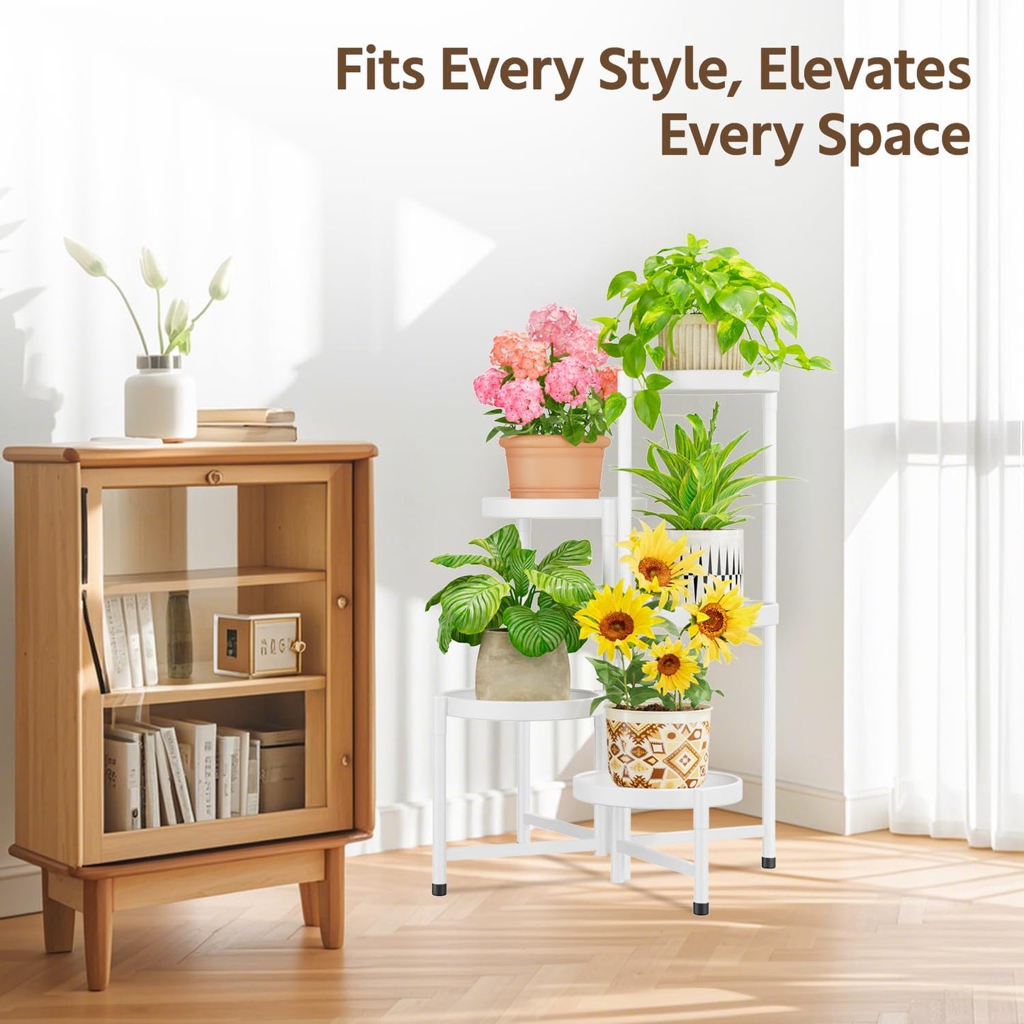 LASZOLA Plant Stand Indoor with 10 Inch Large Metal Tray, 5 Tier White | Corner Tall Folding Flower Display Rack