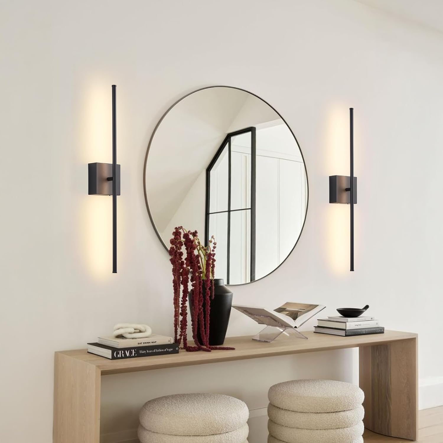 KARTOOSH Battery Operated Wall Sconces Set of 2 Wireless,32.2 Inch Black | Battery Removable, 3000-6000K, Stepless