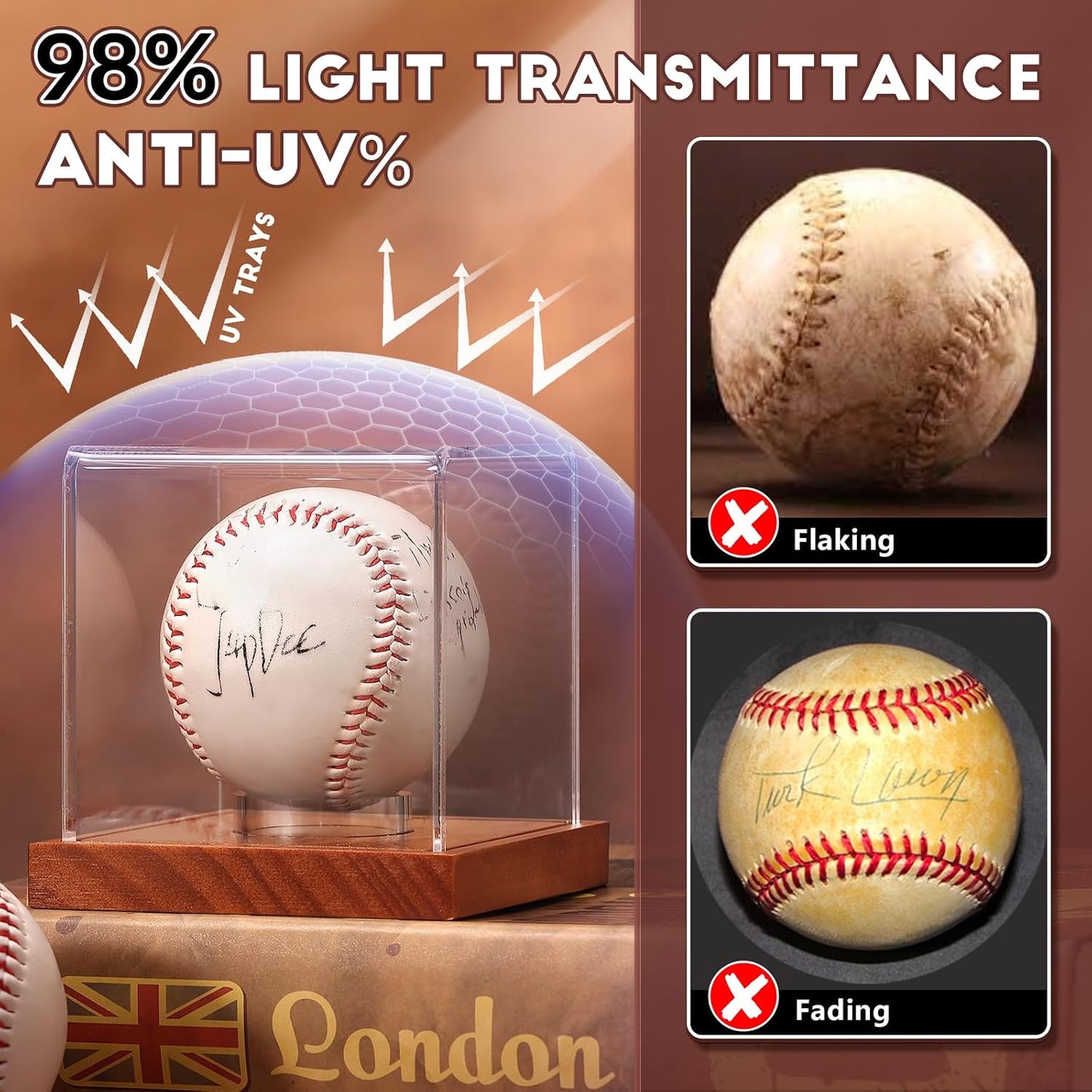 Baseball Display Case, Clear Cube Baseball Holder with Wooden Base, Autograph Baseball Stand Box for Single Ball