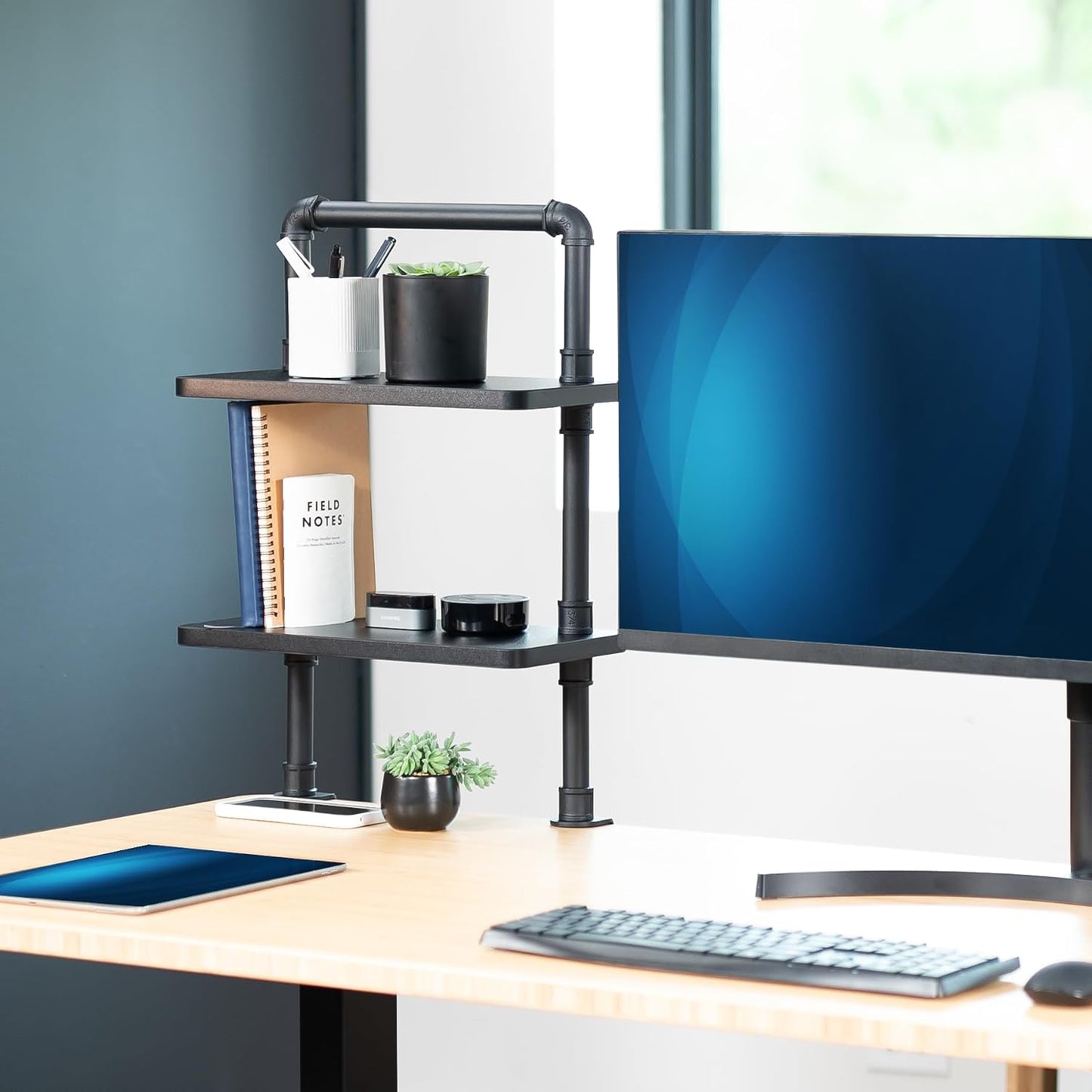 VIVO Clamp-on Premium 16 inch Industrial Pipe 2-Tier Tabletop Shelving, Heavy Duty Desk Extension Organizer, Modern