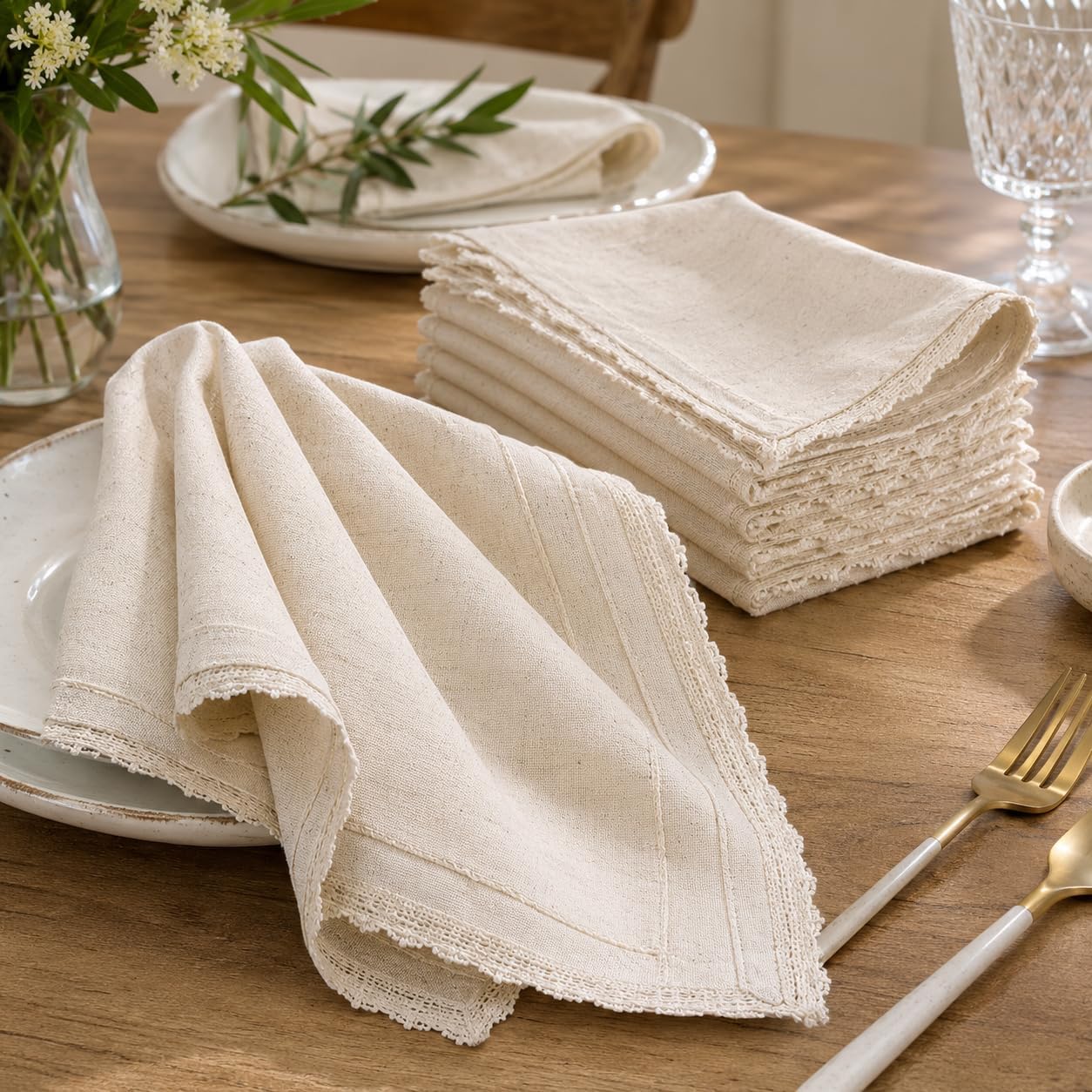 Bedding Craft Linen Cloth Napkins with Lace, 18x18, Set of 12 | Flax cotton blend, lace trim, mitered corners, machine